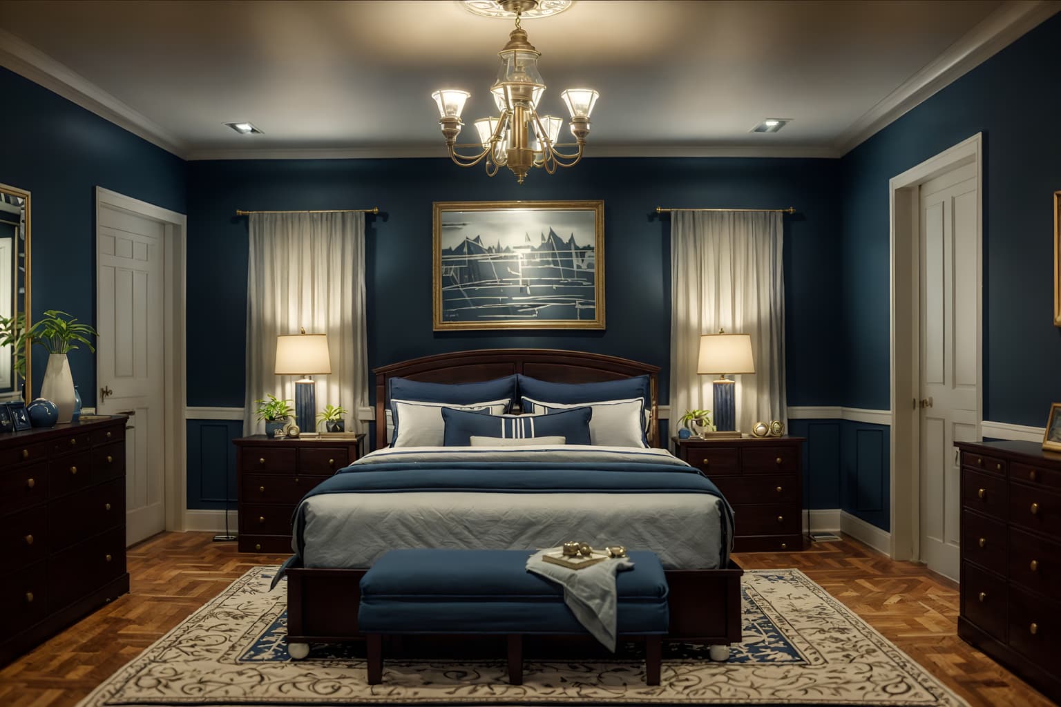 nautical-style (bedroom interior) with dresser closet and night light and mirror and bed and headboard and accent chair and plant and storage bench or ottoman. . . cinematic photo, highly detailed, cinematic lighting, ultra-detailed, ultrarealistic, photorealism, 8k. nautical interior design style. masterpiece, cinematic light, ultrarealistic+, photorealistic+, 8k, raw photo, realistic, sharp focus on eyes, (symmetrical eyes), (intact eyes), hyperrealistic, highest quality, best quality, , highly detailed, masterpiece, best quality, extremely detailed 8k wallpaper, masterpiece, best quality, ultra-detailed, best shadow, detailed background, detailed face, detailed eyes, high contrast, best illumination, detailed face, dulux, caustic, dynamic angle, detailed glow. dramatic lighting. highly detailed, insanely detailed hair, symmetrical, intricate details, professionally retouched, 8k high definition. strong bokeh. award winning photo.