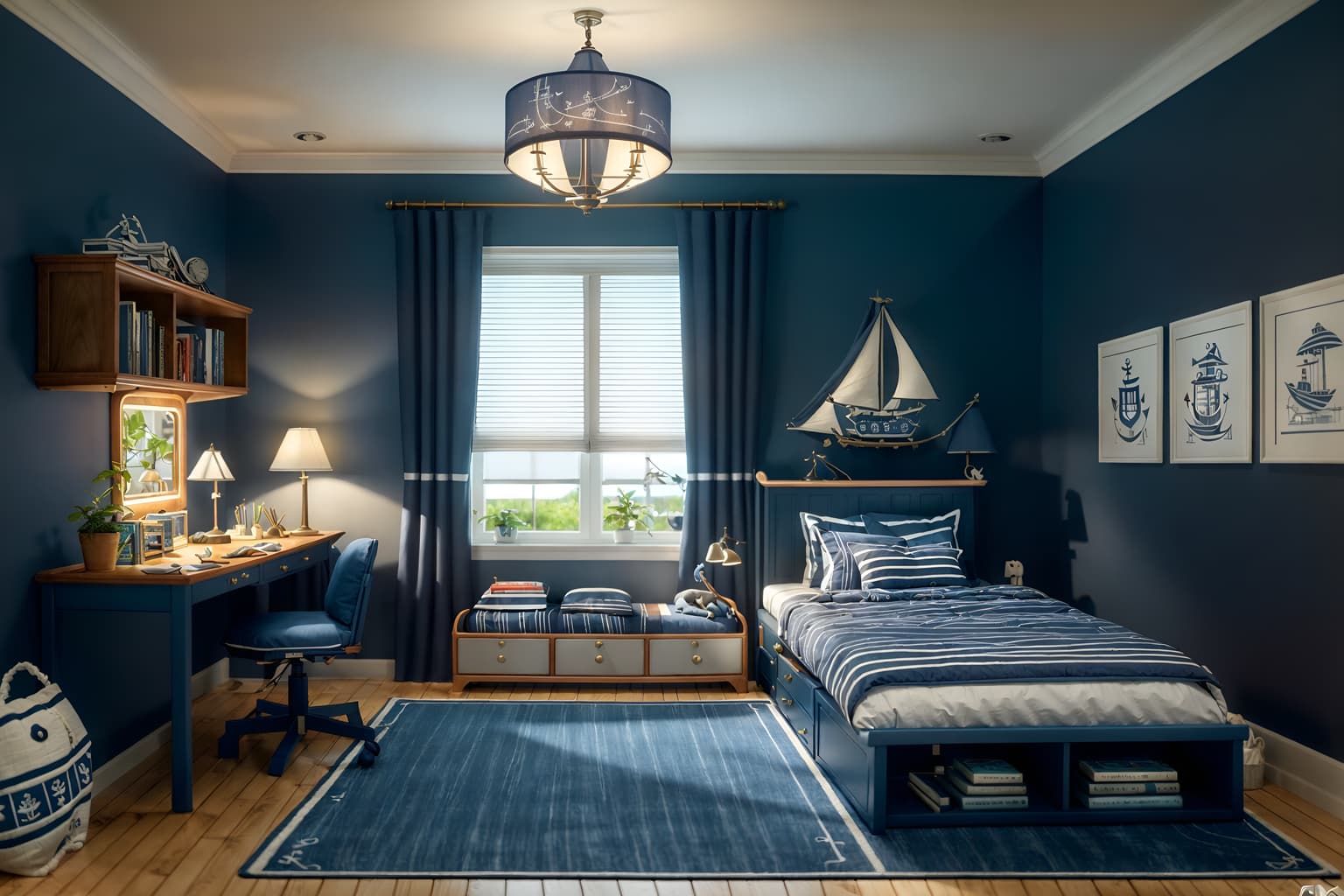 nautical-style (kids room interior) with night light and mirror and storage bench or ottoman and bed and kids desk and plant and headboard and bedside table or night stand. . . cinematic photo, highly detailed, cinematic lighting, ultra-detailed, ultrarealistic, photorealism, 8k. nautical interior design style. masterpiece, cinematic light, ultrarealistic+, photorealistic+, 8k, raw photo, realistic, sharp focus on eyes, (symmetrical eyes), (intact eyes), hyperrealistic, highest quality, best quality, , highly detailed, masterpiece, best quality, extremely detailed 8k wallpaper, masterpiece, best quality, ultra-detailed, best shadow, detailed background, detailed face, detailed eyes, high contrast, best illumination, detailed face, dulux, caustic, dynamic angle, detailed glow. dramatic lighting. highly detailed, insanely detailed hair, symmetrical, intricate details, professionally retouched, 8k high definition. strong bokeh. award winning photo.