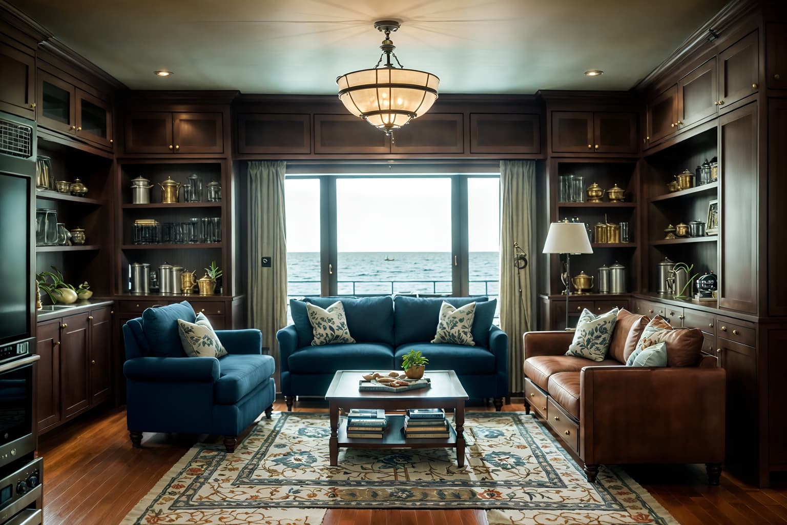 nautical-style (kitchen living combo interior) with rug and bookshelves and sofa and stove and plant and furniture and refrigerator and kitchen cabinets. . . cinematic photo, highly detailed, cinematic lighting, ultra-detailed, ultrarealistic, photorealism, 8k. nautical interior design style. masterpiece, cinematic light, ultrarealistic+, photorealistic+, 8k, raw photo, realistic, sharp focus on eyes, (symmetrical eyes), (intact eyes), hyperrealistic, highest quality, best quality, , highly detailed, masterpiece, best quality, extremely detailed 8k wallpaper, masterpiece, best quality, ultra-detailed, best shadow, detailed background, detailed face, detailed eyes, high contrast, best illumination, detailed face, dulux, caustic, dynamic angle, detailed glow. dramatic lighting. highly detailed, insanely detailed hair, symmetrical, intricate details, professionally retouched, 8k high definition. strong bokeh. award winning photo.