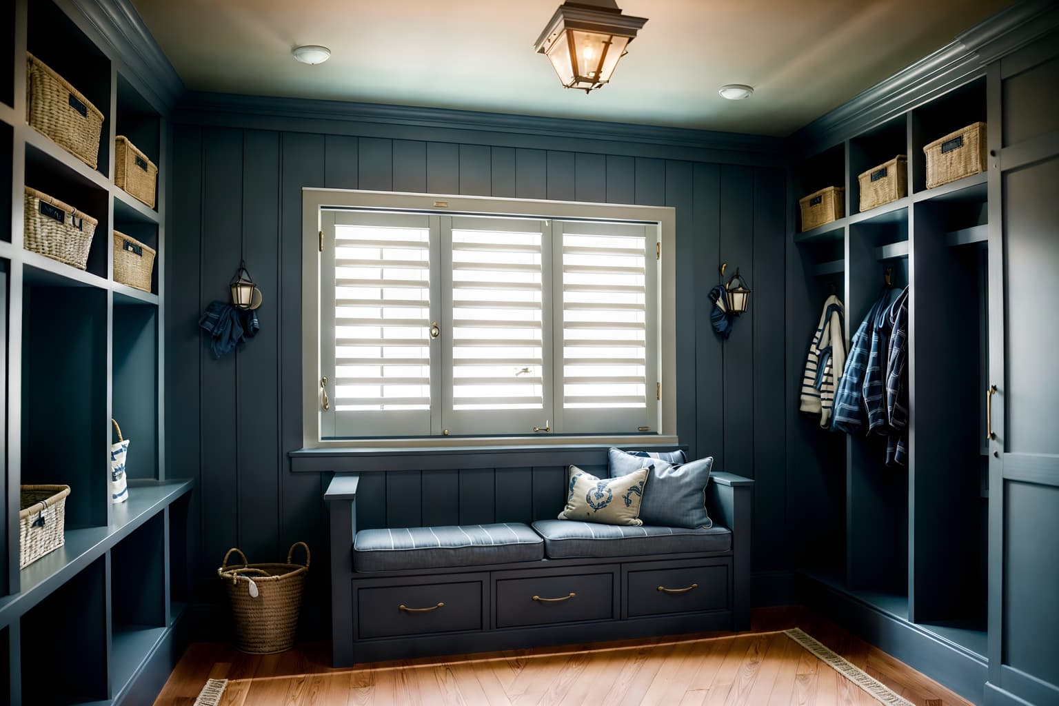 nautical-style (mudroom interior) with a bench and cubbies and storage drawers and wall hooks for coats and cabinets and shelves for shoes and storage baskets and high up storage. . . cinematic photo, highly detailed, cinematic lighting, ultra-detailed, ultrarealistic, photorealism, 8k. nautical interior design style. masterpiece, cinematic light, ultrarealistic+, photorealistic+, 8k, raw photo, realistic, sharp focus on eyes, (symmetrical eyes), (intact eyes), hyperrealistic, highest quality, best quality, , highly detailed, masterpiece, best quality, extremely detailed 8k wallpaper, masterpiece, best quality, ultra-detailed, best shadow, detailed background, detailed face, detailed eyes, high contrast, best illumination, detailed face, dulux, caustic, dynamic angle, detailed glow. dramatic lighting. highly detailed, insanely detailed hair, symmetrical, intricate details, professionally retouched, 8k high definition. strong bokeh. award winning photo.