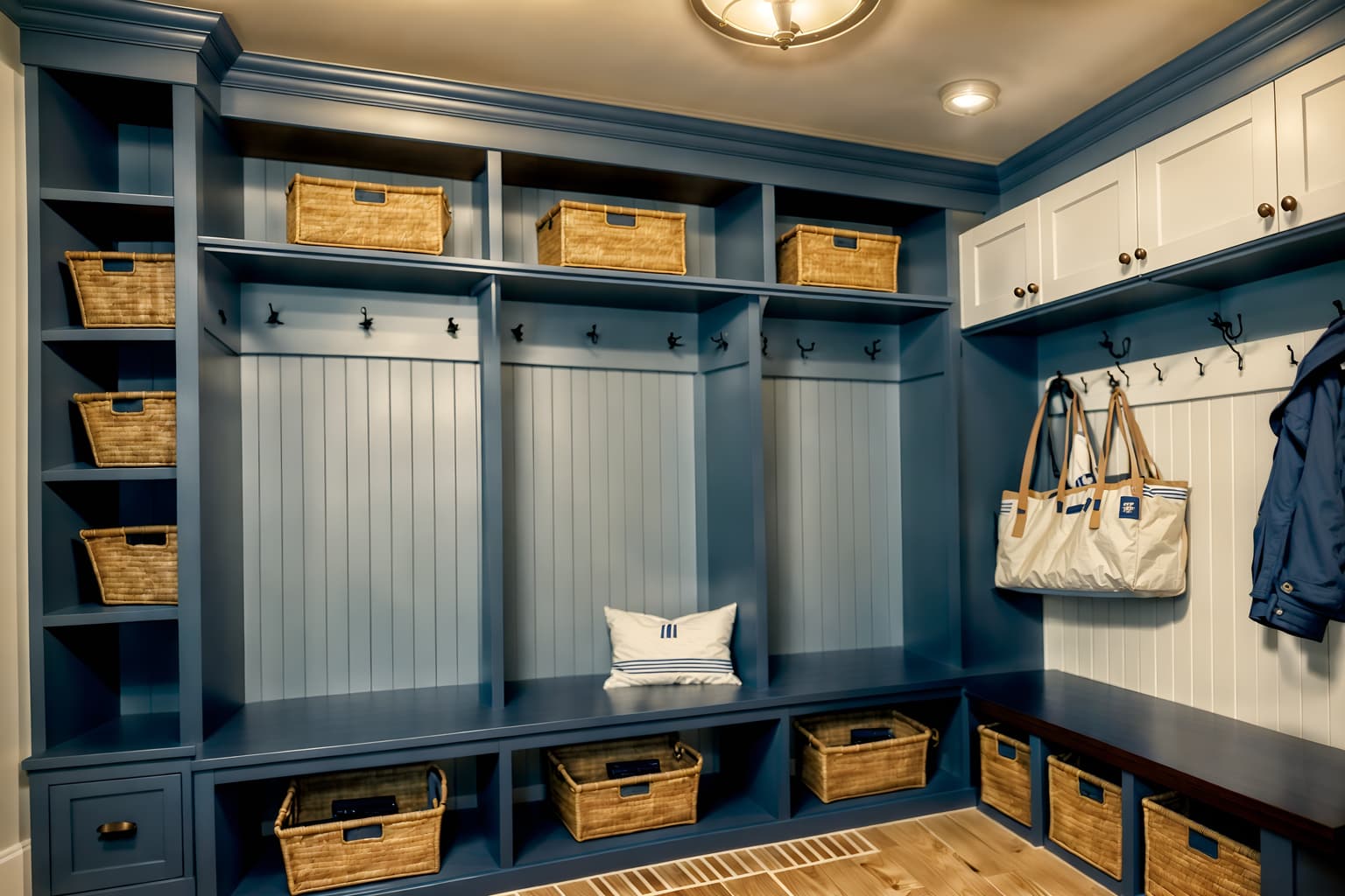 nautical-style (mudroom interior) with a bench and cubbies and storage drawers and wall hooks for coats and cabinets and shelves for shoes and storage baskets and high up storage. . . cinematic photo, highly detailed, cinematic lighting, ultra-detailed, ultrarealistic, photorealism, 8k. nautical interior design style. masterpiece, cinematic light, ultrarealistic+, photorealistic+, 8k, raw photo, realistic, sharp focus on eyes, (symmetrical eyes), (intact eyes), hyperrealistic, highest quality, best quality, , highly detailed, masterpiece, best quality, extremely detailed 8k wallpaper, masterpiece, best quality, ultra-detailed, best shadow, detailed background, detailed face, detailed eyes, high contrast, best illumination, detailed face, dulux, caustic, dynamic angle, detailed glow. dramatic lighting. highly detailed, insanely detailed hair, symmetrical, intricate details, professionally retouched, 8k high definition. strong bokeh. award winning photo.