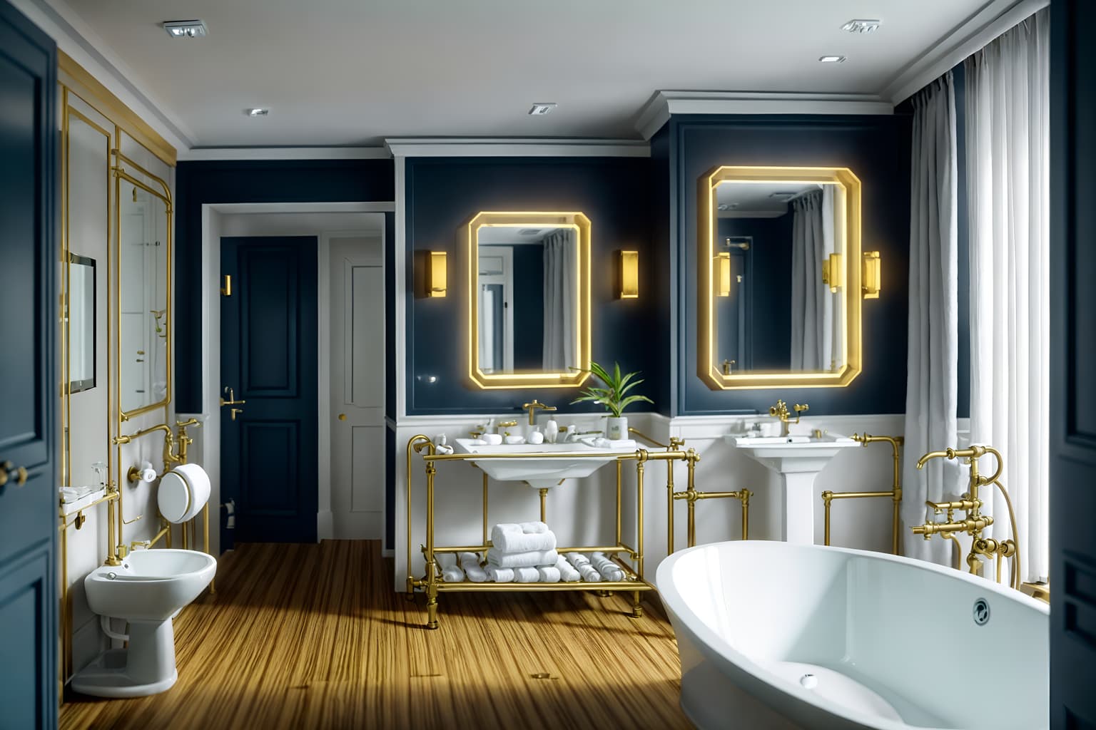 nautical-style (hotel bathroom interior) with toilet seat and bathtub and shower and bathroom cabinet and bath rail and mirror and plant and bathroom sink with faucet. . . cinematic photo, highly detailed, cinematic lighting, ultra-detailed, ultrarealistic, photorealism, 8k. nautical interior design style. masterpiece, cinematic light, ultrarealistic+, photorealistic+, 8k, raw photo, realistic, sharp focus on eyes, (symmetrical eyes), (intact eyes), hyperrealistic, highest quality, best quality, , highly detailed, masterpiece, best quality, extremely detailed 8k wallpaper, masterpiece, best quality, ultra-detailed, best shadow, detailed background, detailed face, detailed eyes, high contrast, best illumination, detailed face, dulux, caustic, dynamic angle, detailed glow. dramatic lighting. highly detailed, insanely detailed hair, symmetrical, intricate details, professionally retouched, 8k high definition. strong bokeh. award winning photo.