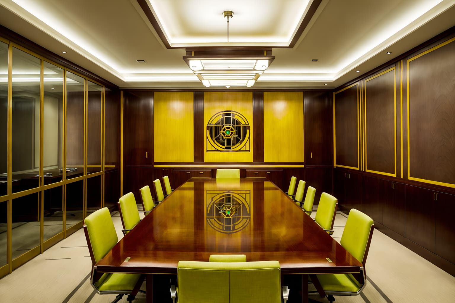 art deco-style (meeting room interior) with boardroom table and plant and office chairs and cabinets and glass doors and painting or photo on wall and glass walls and vase. . with symmetrical designs and luxury and bold geometry and geometric shapes and smooth lines and bright and cheerful colors and geometric lines and decadent detail. . cinematic photo, highly detailed, cinematic lighting, ultra-detailed, ultrarealistic, photorealism, 8k. art deco interior design style. masterpiece, cinematic light, ultrarealistic+, photorealistic+, 8k, raw photo, realistic, sharp focus on eyes, (symmetrical eyes), (intact eyes), hyperrealistic, highest quality, best quality, , highly detailed, masterpiece, best quality, extremely detailed 8k wallpaper, masterpiece, best quality, ultra-detailed, best shadow, detailed background, detailed face, detailed eyes, high contrast, best illumination, detailed face, dulux, caustic, dynamic angle, detailed glow. dramatic lighting. highly detailed, insanely detailed hair, symmetrical, intricate details, professionally retouched, 8k high definition. strong bokeh. award winning photo.
