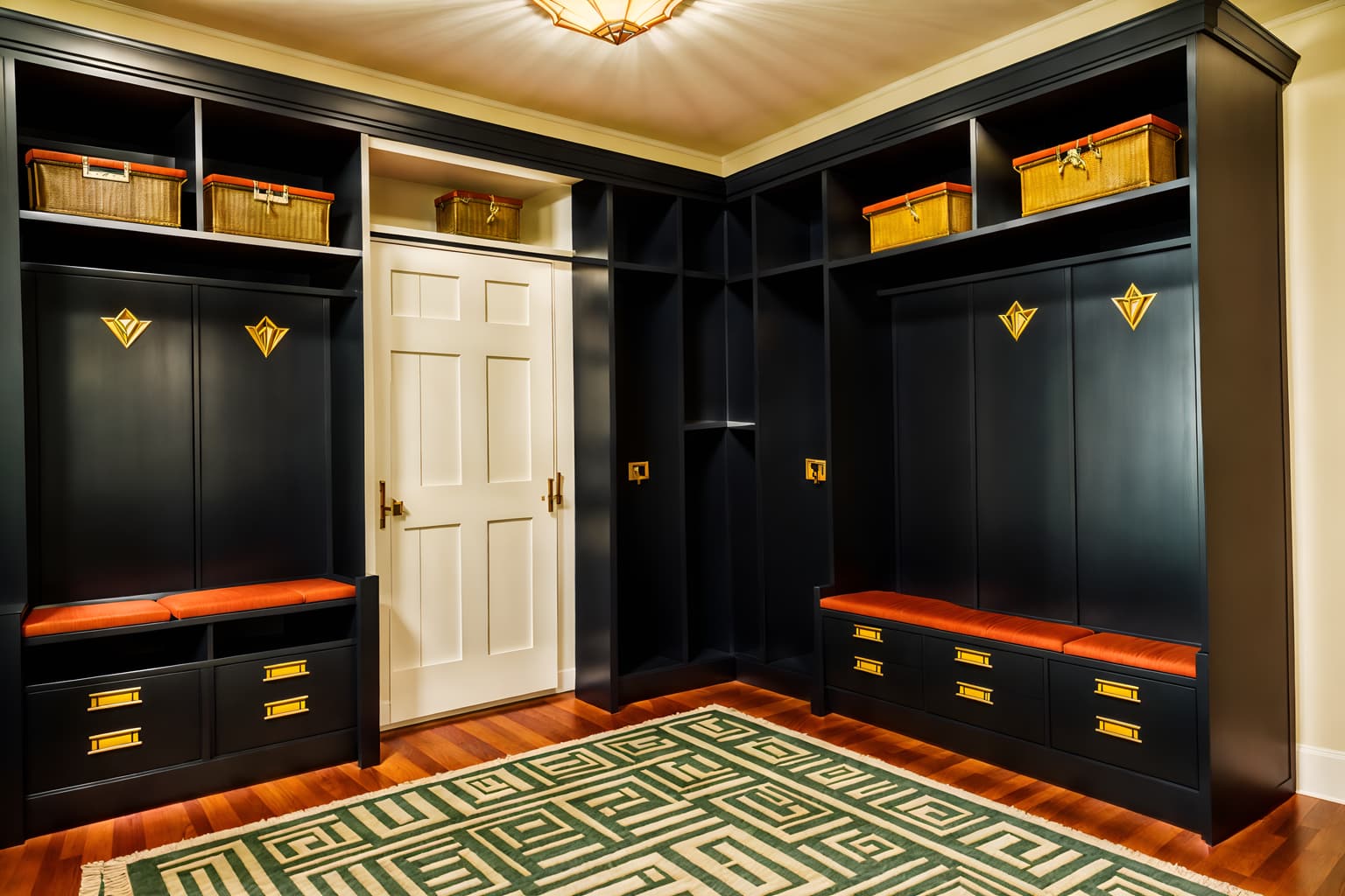 art deco-style (mudroom interior) with shelves for shoes and cabinets and storage drawers and cubbies and a bench and storage baskets and wall hooks for coats and high up storage. . with luxury and angular shapes and glamour and geometric lines and geometric shapes and symmetrical designs and bright and cheerful colors and decadent detail. . cinematic photo, highly detailed, cinematic lighting, ultra-detailed, ultrarealistic, photorealism, 8k. art deco interior design style. masterpiece, cinematic light, ultrarealistic+, photorealistic+, 8k, raw photo, realistic, sharp focus on eyes, (symmetrical eyes), (intact eyes), hyperrealistic, highest quality, best quality, , highly detailed, masterpiece, best quality, extremely detailed 8k wallpaper, masterpiece, best quality, ultra-detailed, best shadow, detailed background, detailed face, detailed eyes, high contrast, best illumination, detailed face, dulux, caustic, dynamic angle, detailed glow. dramatic lighting. highly detailed, insanely detailed hair, symmetrical, intricate details, professionally retouched, 8k high definition. strong bokeh. award winning photo.