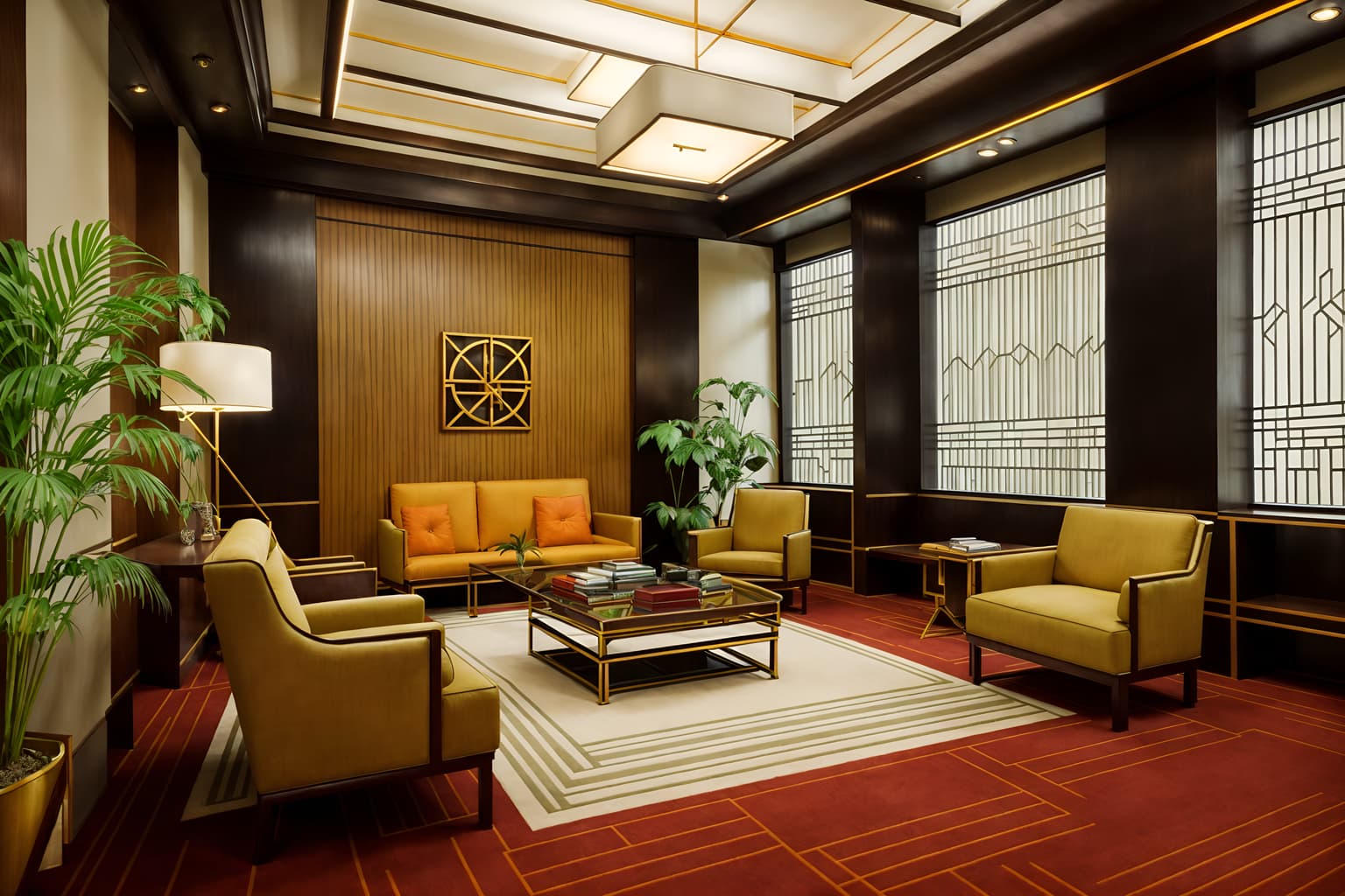 art deco-style (office interior) with plants and windows and office desks and lounge chairs and desk lamps and cabinets and seating area with sofa and office chairs. . with angular shapes and bold geometry and symmetrical designs and geometric shapes and decadent detail and rich colors and stream-lined forms and abstract patterns. . cinematic photo, highly detailed, cinematic lighting, ultra-detailed, ultrarealistic, photorealism, 8k. art deco interior design style. masterpiece, cinematic light, ultrarealistic+, photorealistic+, 8k, raw photo, realistic, sharp focus on eyes, (symmetrical eyes), (intact eyes), hyperrealistic, highest quality, best quality, , highly detailed, masterpiece, best quality, extremely detailed 8k wallpaper, masterpiece, best quality, ultra-detailed, best shadow, detailed background, detailed face, detailed eyes, high contrast, best illumination, detailed face, dulux, caustic, dynamic angle, detailed glow. dramatic lighting. highly detailed, insanely detailed hair, symmetrical, intricate details, professionally retouched, 8k high definition. strong bokeh. award winning photo.