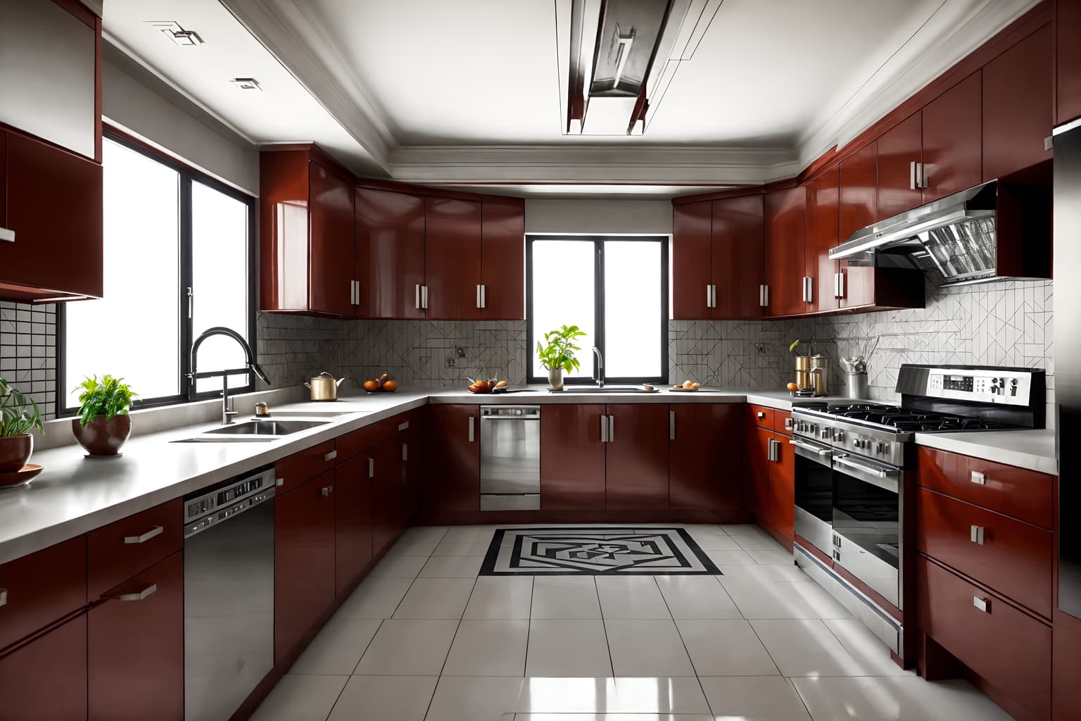 art deco-style (kitchen interior) with stove and plant and worktops and kitchen cabinets and refrigerator and sink and stove. . with angular shapes and luxury and smooth lines and geometric lines and geometric shapes and stream-lined forms and glamour and symmetrical designs. . cinematic photo, highly detailed, cinematic lighting, ultra-detailed, ultrarealistic, photorealism, 8k. art deco interior design style. masterpiece, cinematic light, ultrarealistic+, photorealistic+, 8k, raw photo, realistic, sharp focus on eyes, (symmetrical eyes), (intact eyes), hyperrealistic, highest quality, best quality, , highly detailed, masterpiece, best quality, extremely detailed 8k wallpaper, masterpiece, best quality, ultra-detailed, best shadow, detailed background, detailed face, detailed eyes, high contrast, best illumination, detailed face, dulux, caustic, dynamic angle, detailed glow. dramatic lighting. highly detailed, insanely detailed hair, symmetrical, intricate details, professionally retouched, 8k high definition. strong bokeh. award winning photo.