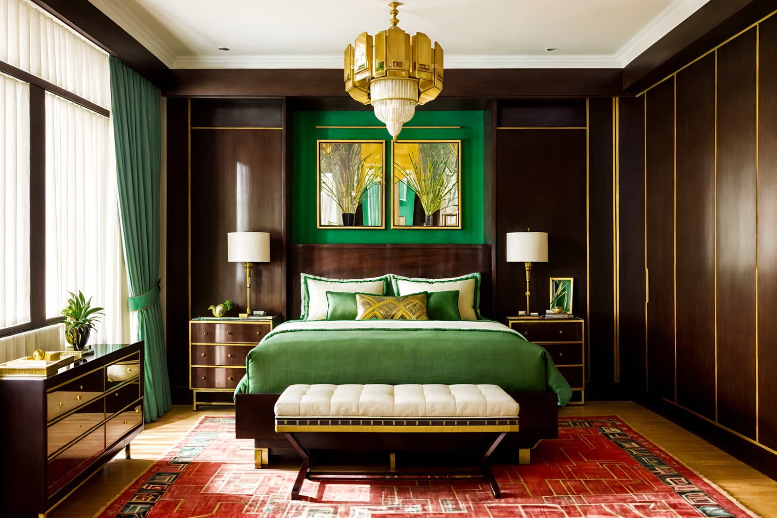 art deco-style (bedroom interior) with plant and dresser closet and storage bench or ottoman and accent chair and night light and headboard and bed and bedside table or night stand. . with glamour and geometric shapes and abstract patterns and stream-lined forms and rich colors and bright and cheerful colors and decadent detail and exuberant shapes. . cinematic photo, highly detailed, cinematic lighting, ultra-detailed, ultrarealistic, photorealism, 8k. art deco interior design style. masterpiece, cinematic light, ultrarealistic+, photorealistic+, 8k, raw photo, realistic, sharp focus on eyes, (symmetrical eyes), (intact eyes), hyperrealistic, highest quality, best quality, , highly detailed, masterpiece, best quality, extremely detailed 8k wallpaper, masterpiece, best quality, ultra-detailed, best shadow, detailed background, detailed face, detailed eyes, high contrast, best illumination, detailed face, dulux, caustic, dynamic angle, detailed glow. dramatic lighting. highly detailed, insanely detailed hair, symmetrical, intricate details, professionally retouched, 8k high definition. strong bokeh. award winning photo.