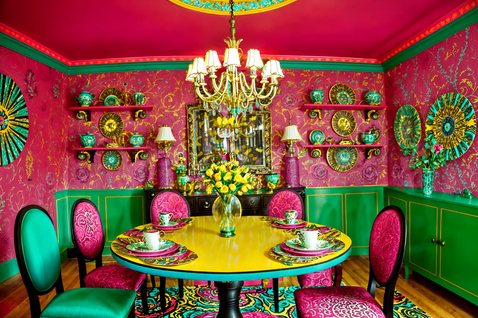maximalist-style (dining room interior) with plates, cutlery and glasses on dining table and dining table and table cloth and painting or photo on wall and vase and dining table chairs and light or chandelier and bookshelves. . with more is more philosophy and bold colors and bold design and eye-catching and playful and vibrant and bold creativity and bold patterns. . cinematic photo, highly detailed, cinematic lighting, ultra-detailed, ultrarealistic, photorealism, 8k. maximalist interior design style. masterpiece, cinematic light, ultrarealistic+, photorealistic+, 8k, raw photo, realistic, sharp focus on eyes, (symmetrical eyes), (intact eyes), hyperrealistic, highest quality, best quality, , highly detailed, masterpiece, best quality, extremely detailed 8k wallpaper, masterpiece, best quality, ultra-detailed, best shadow, detailed background, detailed face, detailed eyes, high contrast, best illumination, detailed face, dulux, caustic, dynamic angle, detailed glow. dramatic lighting. highly detailed, insanely detailed hair, symmetrical, intricate details, professionally retouched, 8k high definition. strong bokeh. award winning photo.