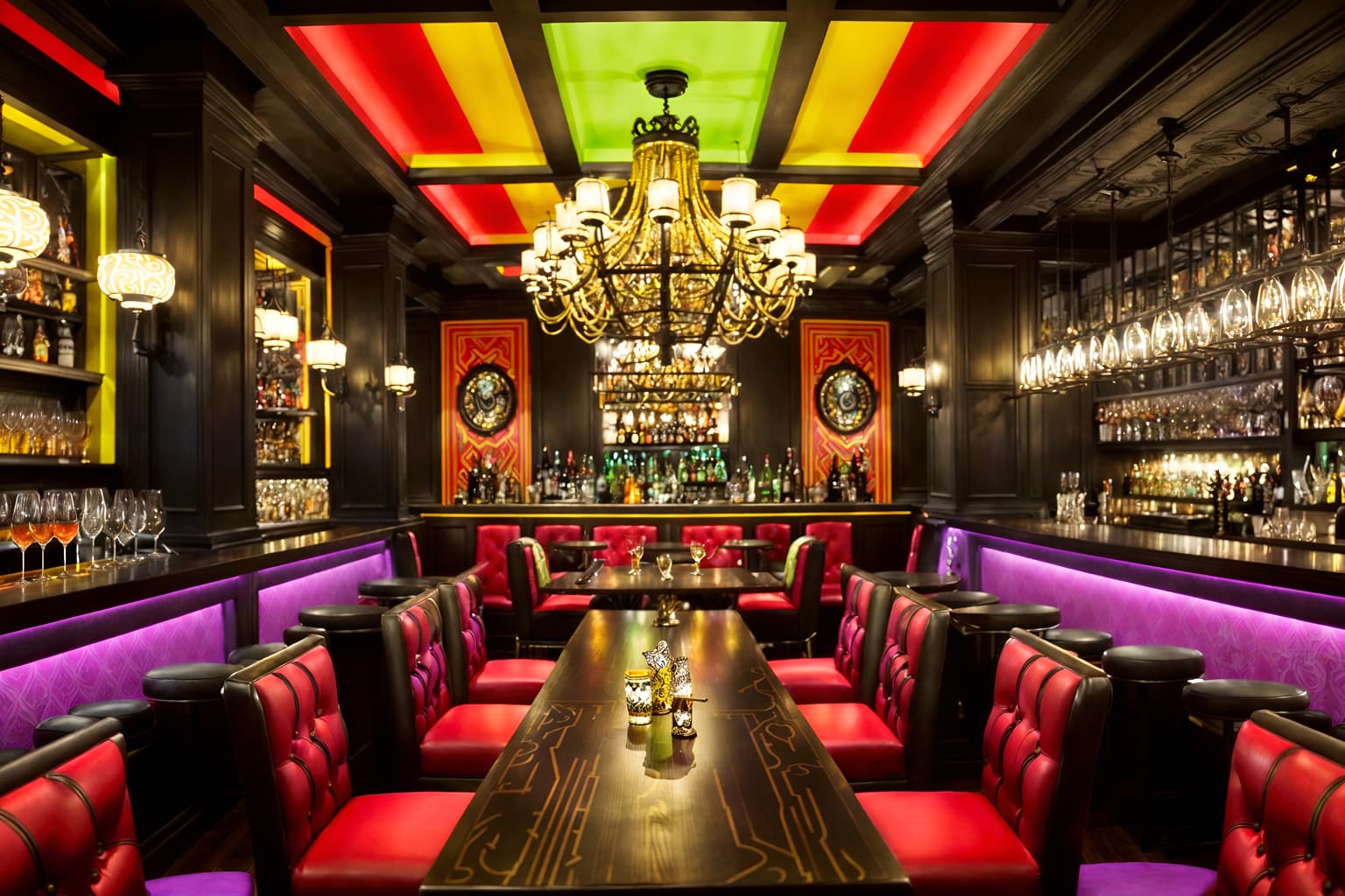 maximalist-style (restaurant interior) with restaurant bar and restaurant dining tables and restaurant decor and restaurant chairs and restaurant bar. . with playful and over-the-top aesthetic and bold patterns and bold creativity and eye-catching and bold design and bold colors and more is more philosophy. . cinematic photo, highly detailed, cinematic lighting, ultra-detailed, ultrarealistic, photorealism, 8k. maximalist interior design style. masterpiece, cinematic light, ultrarealistic+, photorealistic+, 8k, raw photo, realistic, sharp focus on eyes, (symmetrical eyes), (intact eyes), hyperrealistic, highest quality, best quality, , highly detailed, masterpiece, best quality, extremely detailed 8k wallpaper, masterpiece, best quality, ultra-detailed, best shadow, detailed background, detailed face, detailed eyes, high contrast, best illumination, detailed face, dulux, caustic, dynamic angle, detailed glow. dramatic lighting. highly detailed, insanely detailed hair, symmetrical, intricate details, professionally retouched, 8k high definition. strong bokeh. award winning photo.