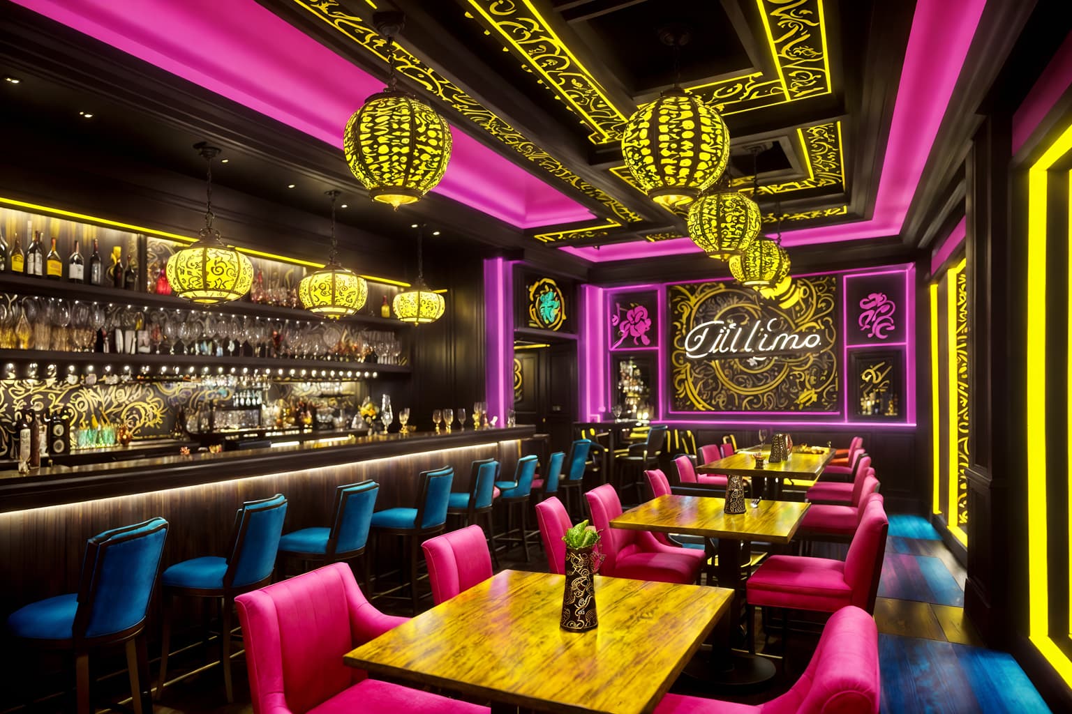 maximalist-style (restaurant interior) with restaurant bar and restaurant dining tables and restaurant decor and restaurant chairs and restaurant bar. . with playful and over-the-top aesthetic and bold patterns and bold creativity and eye-catching and bold design and bold colors and more is more philosophy. . cinematic photo, highly detailed, cinematic lighting, ultra-detailed, ultrarealistic, photorealism, 8k. maximalist interior design style. masterpiece, cinematic light, ultrarealistic+, photorealistic+, 8k, raw photo, realistic, sharp focus on eyes, (symmetrical eyes), (intact eyes), hyperrealistic, highest quality, best quality, , highly detailed, masterpiece, best quality, extremely detailed 8k wallpaper, masterpiece, best quality, ultra-detailed, best shadow, detailed background, detailed face, detailed eyes, high contrast, best illumination, detailed face, dulux, caustic, dynamic angle, detailed glow. dramatic lighting. highly detailed, insanely detailed hair, symmetrical, intricate details, professionally retouched, 8k high definition. strong bokeh. award winning photo.