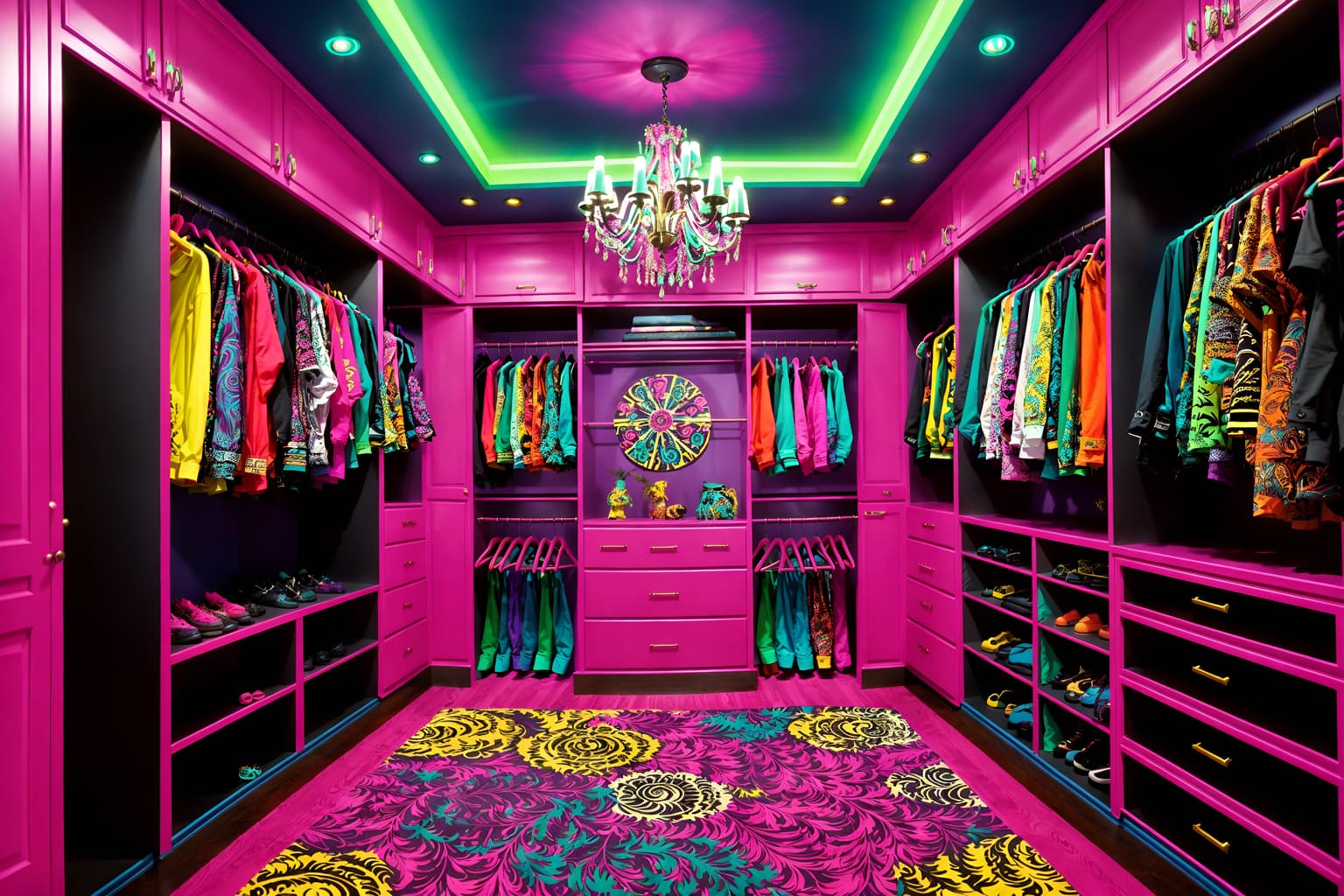 maximalist-style (walk in closet interior) . with over-the-top aesthetic and bold colors and playful and bold patterns and bold creativity and more is more philosophy and vibrant and bold design. . cinematic photo, highly detailed, cinematic lighting, ultra-detailed, ultrarealistic, photorealism, 8k. maximalist interior design style. masterpiece, cinematic light, ultrarealistic+, photorealistic+, 8k, raw photo, realistic, sharp focus on eyes, (symmetrical eyes), (intact eyes), hyperrealistic, highest quality, best quality, , highly detailed, masterpiece, best quality, extremely detailed 8k wallpaper, masterpiece, best quality, ultra-detailed, best shadow, detailed background, detailed face, detailed eyes, high contrast, best illumination, detailed face, dulux, caustic, dynamic angle, detailed glow. dramatic lighting. highly detailed, insanely detailed hair, symmetrical, intricate details, professionally retouched, 8k high definition. strong bokeh. award winning photo.