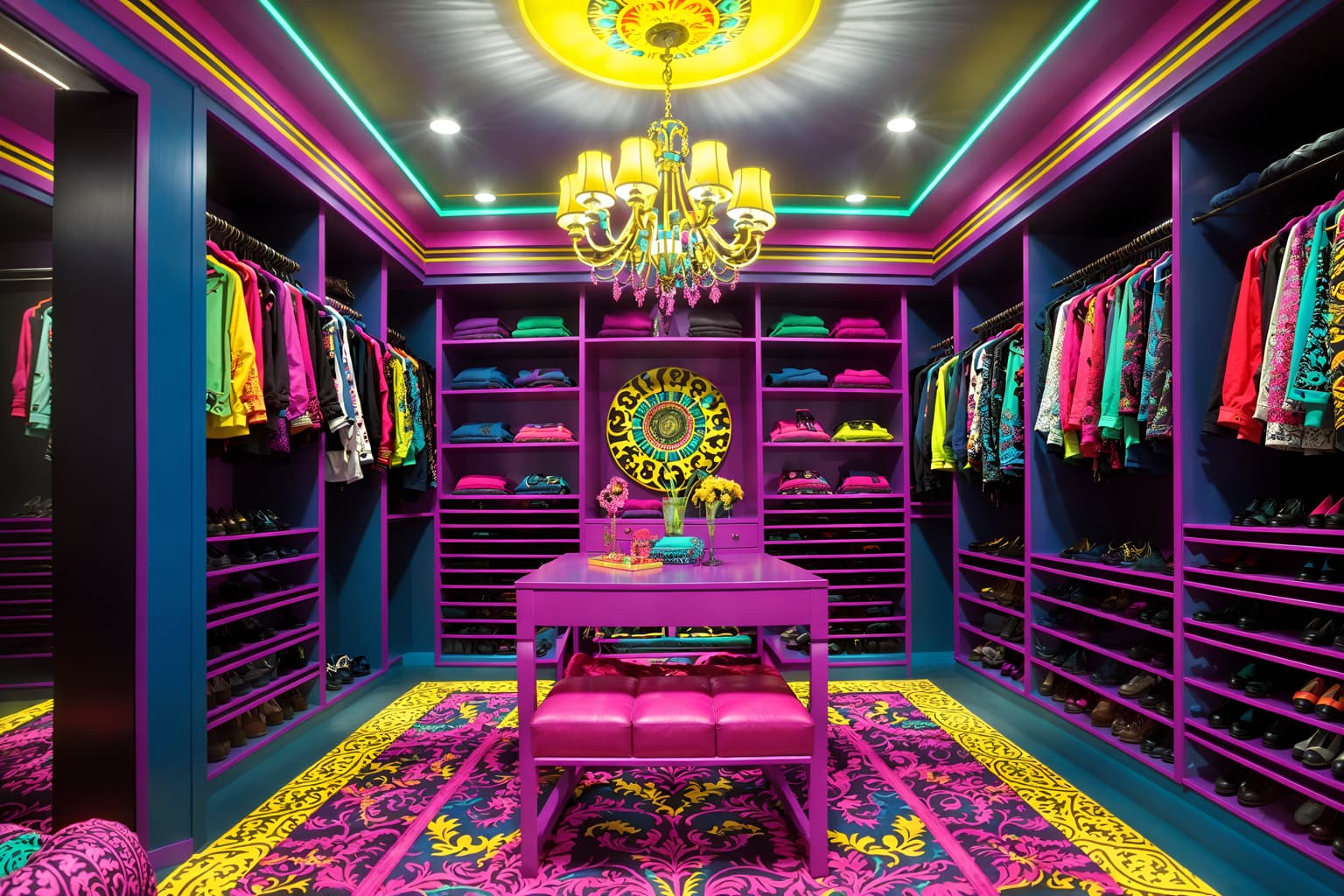 maximalist-style (walk in closet interior) . with over-the-top aesthetic and bold colors and playful and bold patterns and bold creativity and more is more philosophy and vibrant and bold design. . cinematic photo, highly detailed, cinematic lighting, ultra-detailed, ultrarealistic, photorealism, 8k. maximalist interior design style. masterpiece, cinematic light, ultrarealistic+, photorealistic+, 8k, raw photo, realistic, sharp focus on eyes, (symmetrical eyes), (intact eyes), hyperrealistic, highest quality, best quality, , highly detailed, masterpiece, best quality, extremely detailed 8k wallpaper, masterpiece, best quality, ultra-detailed, best shadow, detailed background, detailed face, detailed eyes, high contrast, best illumination, detailed face, dulux, caustic, dynamic angle, detailed glow. dramatic lighting. highly detailed, insanely detailed hair, symmetrical, intricate details, professionally retouched, 8k high definition. strong bokeh. award winning photo.
