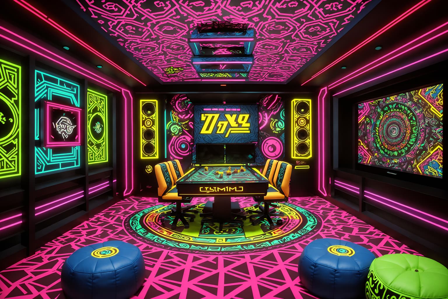maximalist-style (gaming room interior) . with eye-catching and bold patterns and bold creativity and bold design and vibrant and over-the-top aesthetic and playful and more is more philosophy. . cinematic photo, highly detailed, cinematic lighting, ultra-detailed, ultrarealistic, photorealism, 8k. maximalist interior design style. masterpiece, cinematic light, ultrarealistic+, photorealistic+, 8k, raw photo, realistic, sharp focus on eyes, (symmetrical eyes), (intact eyes), hyperrealistic, highest quality, best quality, , highly detailed, masterpiece, best quality, extremely detailed 8k wallpaper, masterpiece, best quality, ultra-detailed, best shadow, detailed background, detailed face, detailed eyes, high contrast, best illumination, detailed face, dulux, caustic, dynamic angle, detailed glow. dramatic lighting. highly detailed, insanely detailed hair, symmetrical, intricate details, professionally retouched, 8k high definition. strong bokeh. award winning photo.