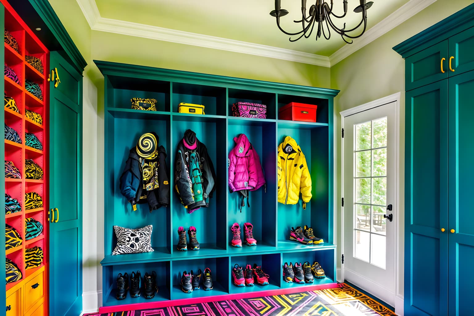 maximalist-style (mudroom interior) with high up storage and cabinets and a bench and wall hooks for coats and storage drawers and cubbies and shelves for shoes and storage baskets. . with more is more philosophy and bold design and vibrant and over-the-top aesthetic and eye-catching and bold colors and playful and bold patterns. . cinematic photo, highly detailed, cinematic lighting, ultra-detailed, ultrarealistic, photorealism, 8k. maximalist interior design style. masterpiece, cinematic light, ultrarealistic+, photorealistic+, 8k, raw photo, realistic, sharp focus on eyes, (symmetrical eyes), (intact eyes), hyperrealistic, highest quality, best quality, , highly detailed, masterpiece, best quality, extremely detailed 8k wallpaper, masterpiece, best quality, ultra-detailed, best shadow, detailed background, detailed face, detailed eyes, high contrast, best illumination, detailed face, dulux, caustic, dynamic angle, detailed glow. dramatic lighting. highly detailed, insanely detailed hair, symmetrical, intricate details, professionally retouched, 8k high definition. strong bokeh. award winning photo.