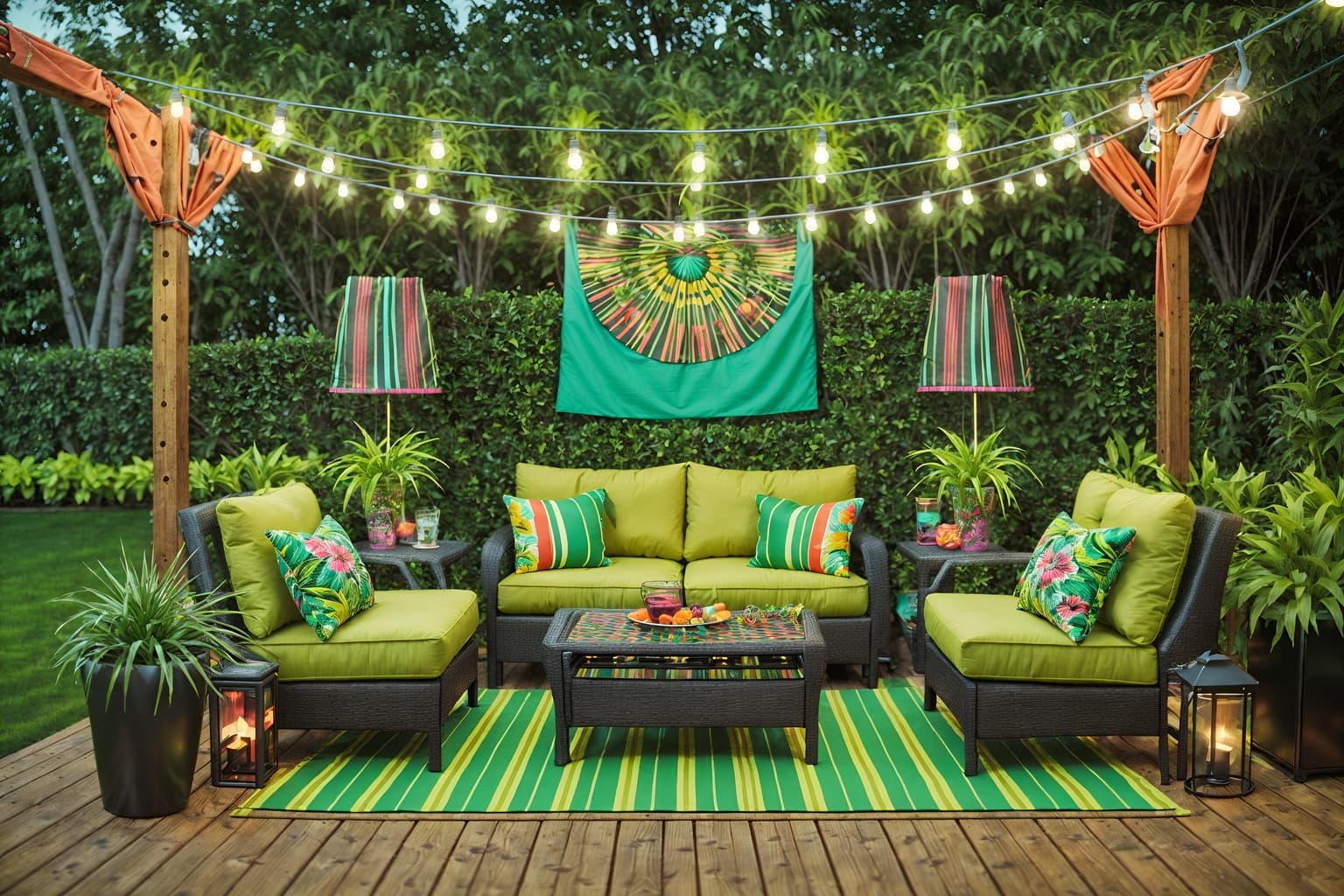 maximalist-style designed (outdoor patio ) with grass and plant and deck with deck chairs and patio couch with pillows and barbeque or grill and grass. . with eye-catching and playful and more is more philosophy and bold design and over-the-top aesthetic and bold creativity and vibrant and bold colors. . cinematic photo, highly detailed, cinematic lighting, ultra-detailed, ultrarealistic, photorealism, 8k. maximalist design style. masterpiece, cinematic light, ultrarealistic+, photorealistic+, 8k, raw photo, realistic, sharp focus on eyes, (symmetrical eyes), (intact eyes), hyperrealistic, highest quality, best quality, , highly detailed, masterpiece, best quality, extremely detailed 8k wallpaper, masterpiece, best quality, ultra-detailed, best shadow, detailed background, detailed face, detailed eyes, high contrast, best illumination, detailed face, dulux, caustic, dynamic angle, detailed glow. dramatic lighting. highly detailed, insanely detailed hair, symmetrical, intricate details, professionally retouched, 8k high definition. strong bokeh. award winning photo.