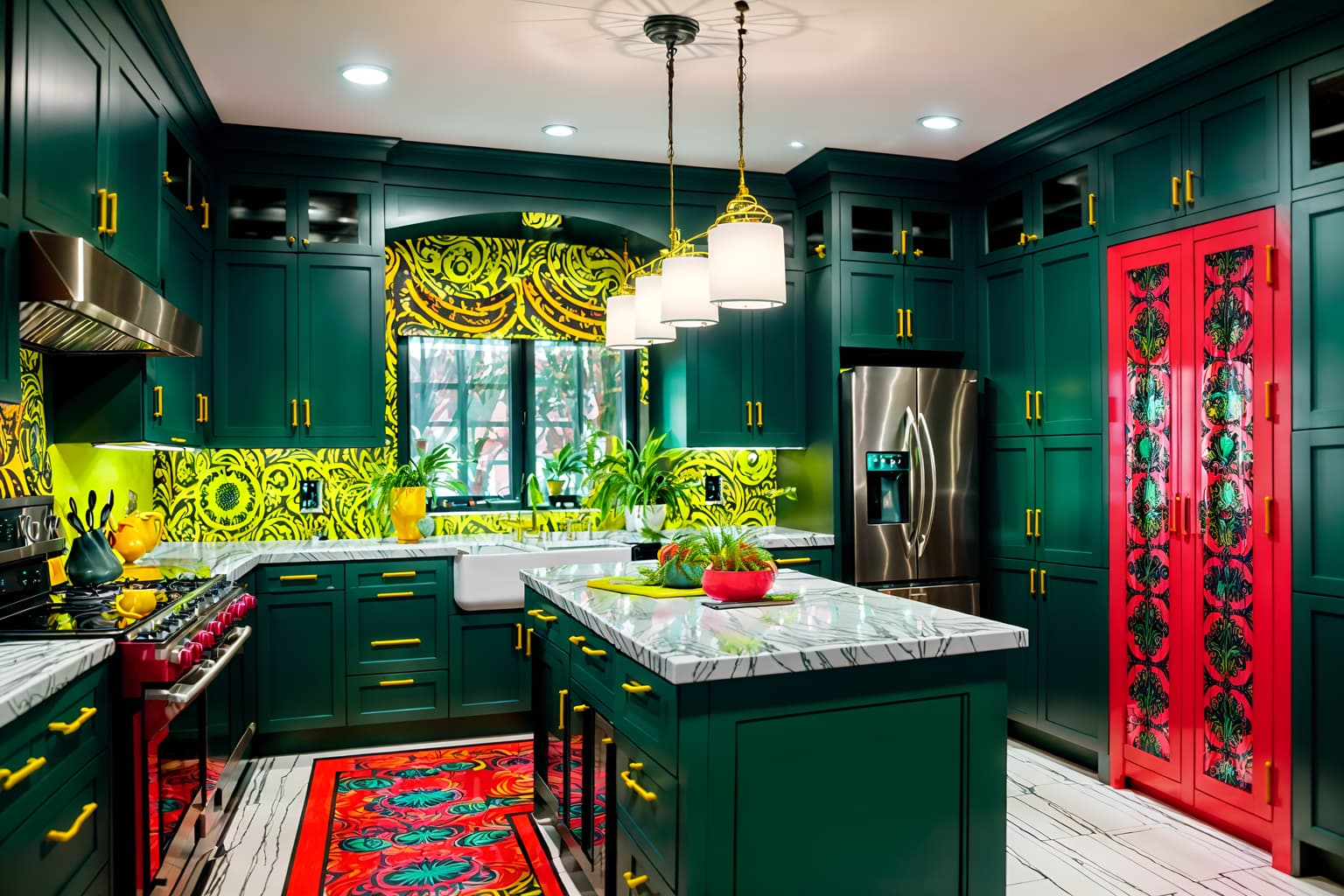 maximalist-style (kitchen interior) with sink and stove and worktops and refrigerator and kitchen cabinets and plant and sink. . with bold design and eye-catching and more is more philosophy and bold colors and vibrant and over-the-top aesthetic and playful and bold patterns. . cinematic photo, highly detailed, cinematic lighting, ultra-detailed, ultrarealistic, photorealism, 8k. maximalist interior design style. masterpiece, cinematic light, ultrarealistic+, photorealistic+, 8k, raw photo, realistic, sharp focus on eyes, (symmetrical eyes), (intact eyes), hyperrealistic, highest quality, best quality, , highly detailed, masterpiece, best quality, extremely detailed 8k wallpaper, masterpiece, best quality, ultra-detailed, best shadow, detailed background, detailed face, detailed eyes, high contrast, best illumination, detailed face, dulux, caustic, dynamic angle, detailed glow. dramatic lighting. highly detailed, insanely detailed hair, symmetrical, intricate details, professionally retouched, 8k high definition. strong bokeh. award winning photo.