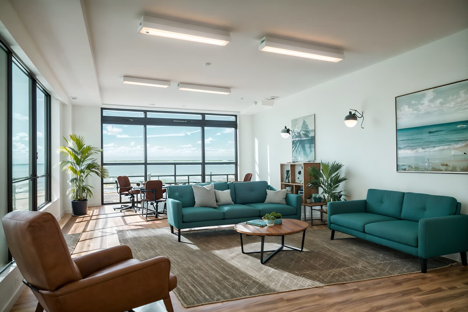 coastal-style (coworking space interior) with seating area with sofa and office chairs and lounge chairs and office desks and seating area with sofa. . with . . cinematic photo, highly detailed, cinematic lighting, ultra-detailed, ultrarealistic, photorealism, 8k. coastal interior design style. masterpiece, cinematic light, ultrarealistic+, photorealistic+, 8k, raw photo, realistic, sharp focus on eyes, (symmetrical eyes), (intact eyes), hyperrealistic, highest quality, best quality, , highly detailed, masterpiece, best quality, extremely detailed 8k wallpaper, masterpiece, best quality, ultra-detailed, best shadow, detailed background, detailed face, detailed eyes, high contrast, best illumination, detailed face, dulux, caustic, dynamic angle, detailed glow. dramatic lighting. highly detailed, insanely detailed hair, symmetrical, intricate details, professionally retouched, 8k high definition. strong bokeh. award winning photo.