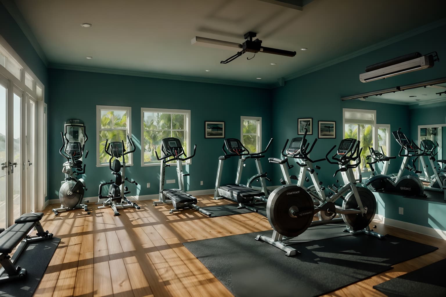 coastal-style (fitness gym interior) with exercise bicycle and squat rack and crosstrainer and dumbbell stand and bench press and exercise bicycle. . with . . cinematic photo, highly detailed, cinematic lighting, ultra-detailed, ultrarealistic, photorealism, 8k. coastal interior design style. masterpiece, cinematic light, ultrarealistic+, photorealistic+, 8k, raw photo, realistic, sharp focus on eyes, (symmetrical eyes), (intact eyes), hyperrealistic, highest quality, best quality, , highly detailed, masterpiece, best quality, extremely detailed 8k wallpaper, masterpiece, best quality, ultra-detailed, best shadow, detailed background, detailed face, detailed eyes, high contrast, best illumination, detailed face, dulux, caustic, dynamic angle, detailed glow. dramatic lighting. highly detailed, insanely detailed hair, symmetrical, intricate details, professionally retouched, 8k high definition. strong bokeh. award winning photo.