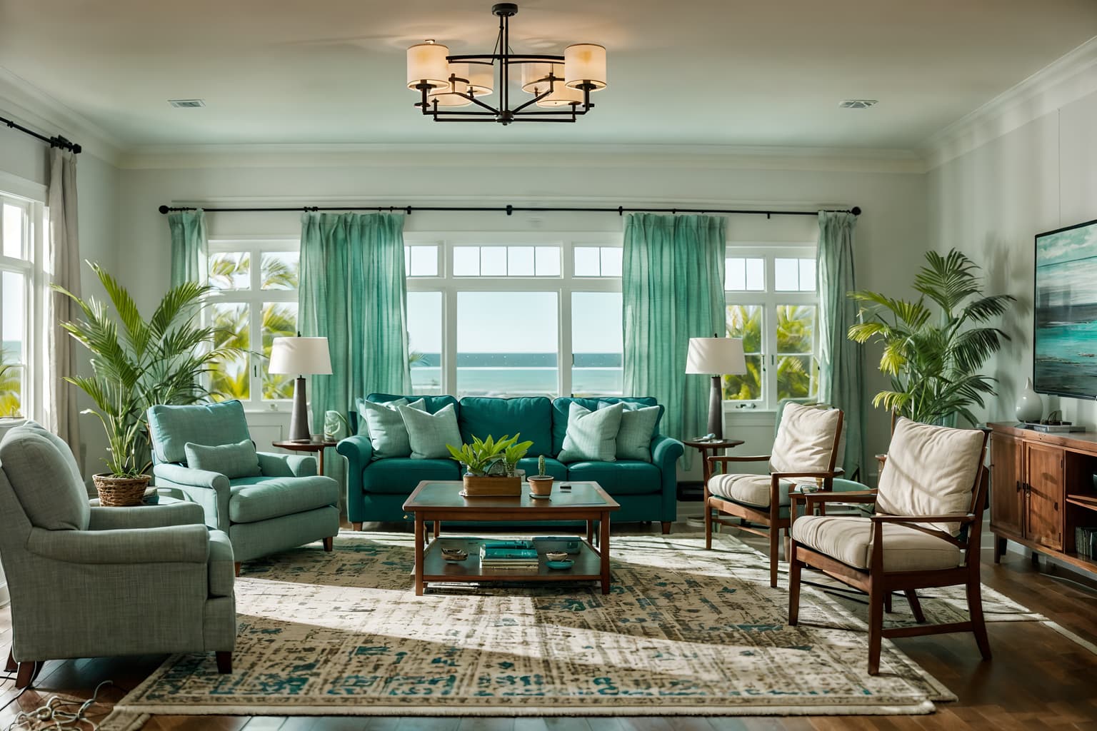 coastal-style (living room interior) with furniture and chairs and coffee tables and plant and televisions and rug and sofa and electric lamps. . with . . cinematic photo, highly detailed, cinematic lighting, ultra-detailed, ultrarealistic, photorealism, 8k. coastal interior design style. masterpiece, cinematic light, ultrarealistic+, photorealistic+, 8k, raw photo, realistic, sharp focus on eyes, (symmetrical eyes), (intact eyes), hyperrealistic, highest quality, best quality, , highly detailed, masterpiece, best quality, extremely detailed 8k wallpaper, masterpiece, best quality, ultra-detailed, best shadow, detailed background, detailed face, detailed eyes, high contrast, best illumination, detailed face, dulux, caustic, dynamic angle, detailed glow. dramatic lighting. highly detailed, insanely detailed hair, symmetrical, intricate details, professionally retouched, 8k high definition. strong bokeh. award winning photo.