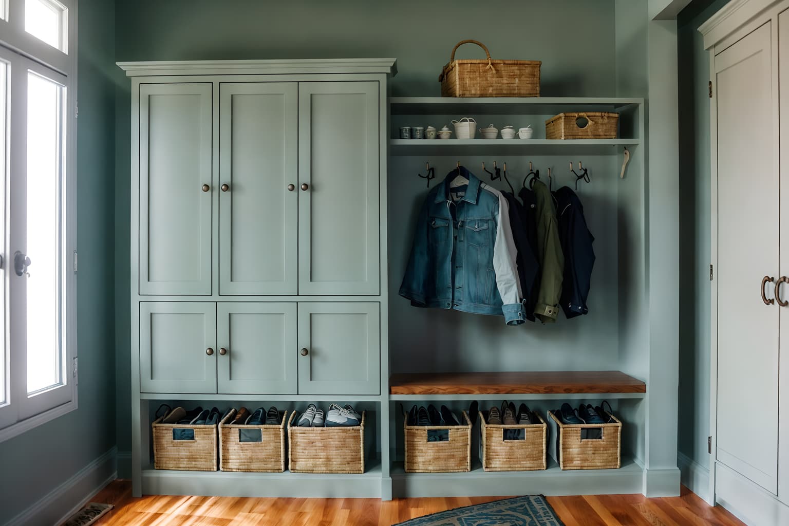coastal-style (drop zone interior) with storage baskets and cabinets and shelves for shoes and wall hooks for coats and storage drawers and high up storage and a bench and lockers. . with . . cinematic photo, highly detailed, cinematic lighting, ultra-detailed, ultrarealistic, photorealism, 8k. coastal interior design style. masterpiece, cinematic light, ultrarealistic+, photorealistic+, 8k, raw photo, realistic, sharp focus on eyes, (symmetrical eyes), (intact eyes), hyperrealistic, highest quality, best quality, , highly detailed, masterpiece, best quality, extremely detailed 8k wallpaper, masterpiece, best quality, ultra-detailed, best shadow, detailed background, detailed face, detailed eyes, high contrast, best illumination, detailed face, dulux, caustic, dynamic angle, detailed glow. dramatic lighting. highly detailed, insanely detailed hair, symmetrical, intricate details, professionally retouched, 8k high definition. strong bokeh. award winning photo.