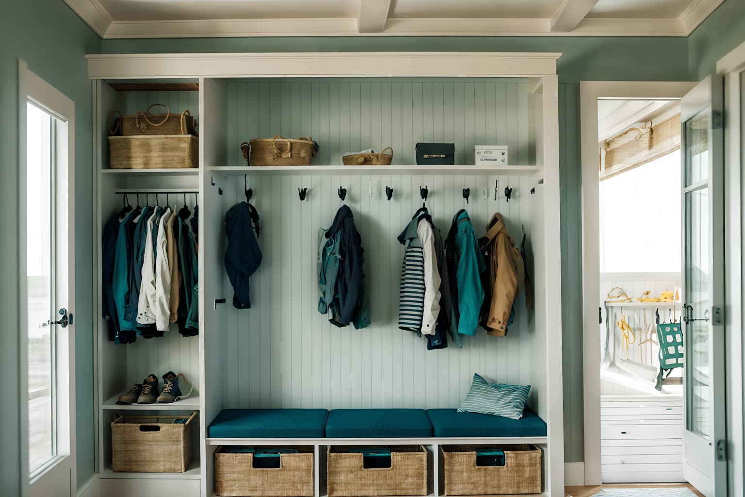 coastal-style (drop zone interior) with storage baskets and cabinets and shelves for shoes and wall hooks for coats and storage drawers and high up storage and a bench and lockers. . with . . cinematic photo, highly detailed, cinematic lighting, ultra-detailed, ultrarealistic, photorealism, 8k. coastal interior design style. masterpiece, cinematic light, ultrarealistic+, photorealistic+, 8k, raw photo, realistic, sharp focus on eyes, (symmetrical eyes), (intact eyes), hyperrealistic, highest quality, best quality, , highly detailed, masterpiece, best quality, extremely detailed 8k wallpaper, masterpiece, best quality, ultra-detailed, best shadow, detailed background, detailed face, detailed eyes, high contrast, best illumination, detailed face, dulux, caustic, dynamic angle, detailed glow. dramatic lighting. highly detailed, insanely detailed hair, symmetrical, intricate details, professionally retouched, 8k high definition. strong bokeh. award winning photo.