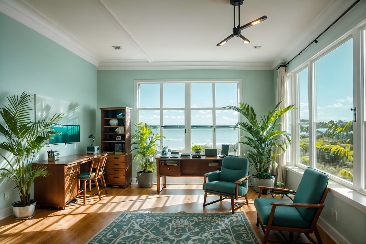 coastal-style (office interior) with cabinets and lounge chairs and plants and desk lamps and seating area with sofa and office desks and computer desks and windows. . with . . cinematic photo, highly detailed, cinematic lighting, ultra-detailed, ultrarealistic, photorealism, 8k. coastal interior design style. masterpiece, cinematic light, ultrarealistic+, photorealistic+, 8k, raw photo, realistic, sharp focus on eyes, (symmetrical eyes), (intact eyes), hyperrealistic, highest quality, best quality, , highly detailed, masterpiece, best quality, extremely detailed 8k wallpaper, masterpiece, best quality, ultra-detailed, best shadow, detailed background, detailed face, detailed eyes, high contrast, best illumination, detailed face, dulux, caustic, dynamic angle, detailed glow. dramatic lighting. highly detailed, insanely detailed hair, symmetrical, intricate details, professionally retouched, 8k high definition. strong bokeh. award winning photo.