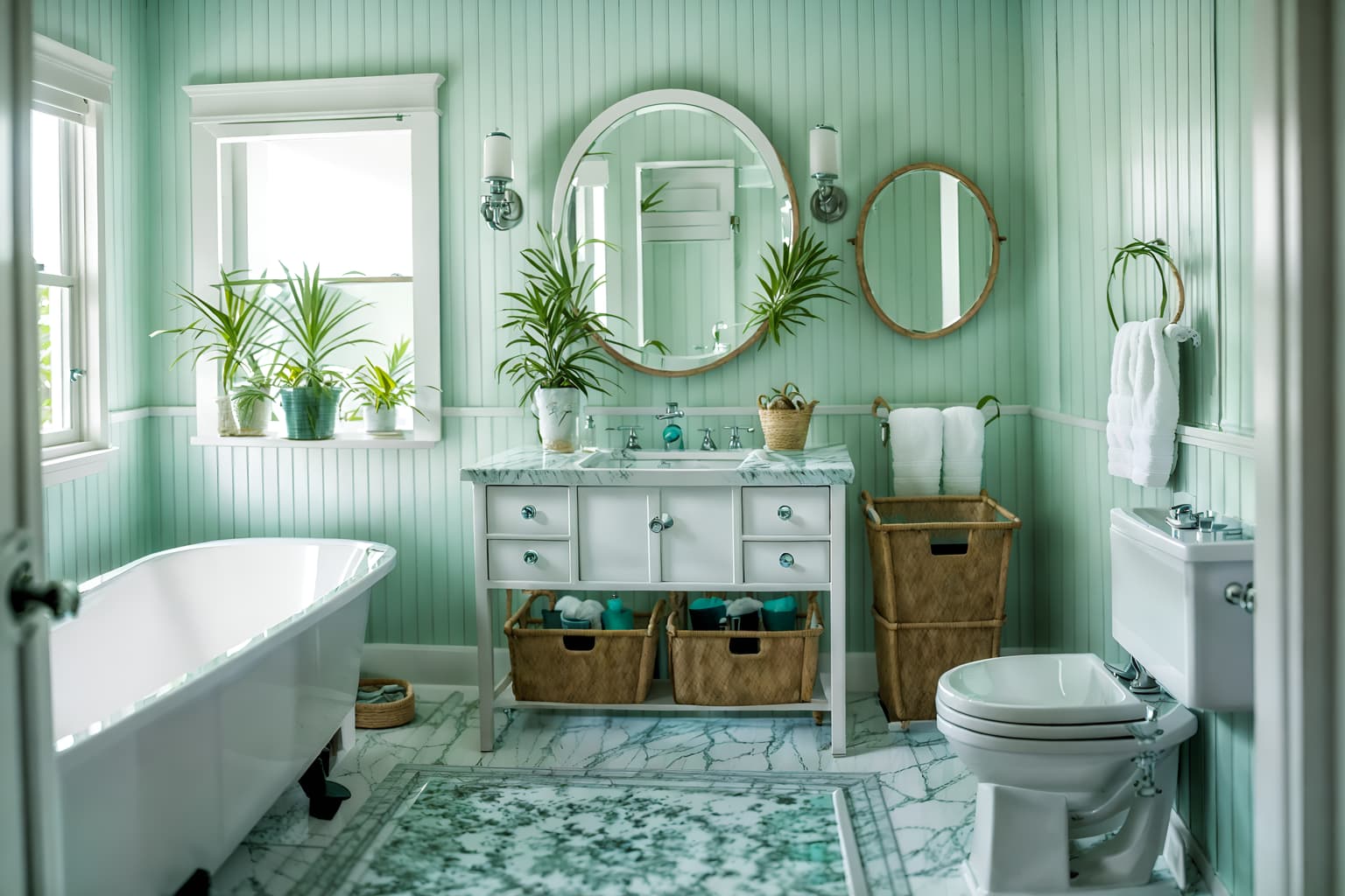 coastal-style (bathroom interior) with waste basket and mirror and bathroom sink with faucet and plant and bath rail and bathroom cabinet and bathtub and toilet seat. . with . . cinematic photo, highly detailed, cinematic lighting, ultra-detailed, ultrarealistic, photorealism, 8k. coastal interior design style. masterpiece, cinematic light, ultrarealistic+, photorealistic+, 8k, raw photo, realistic, sharp focus on eyes, (symmetrical eyes), (intact eyes), hyperrealistic, highest quality, best quality, , highly detailed, masterpiece, best quality, extremely detailed 8k wallpaper, masterpiece, best quality, ultra-detailed, best shadow, detailed background, detailed face, detailed eyes, high contrast, best illumination, detailed face, dulux, caustic, dynamic angle, detailed glow. dramatic lighting. highly detailed, insanely detailed hair, symmetrical, intricate details, professionally retouched, 8k high definition. strong bokeh. award winning photo.