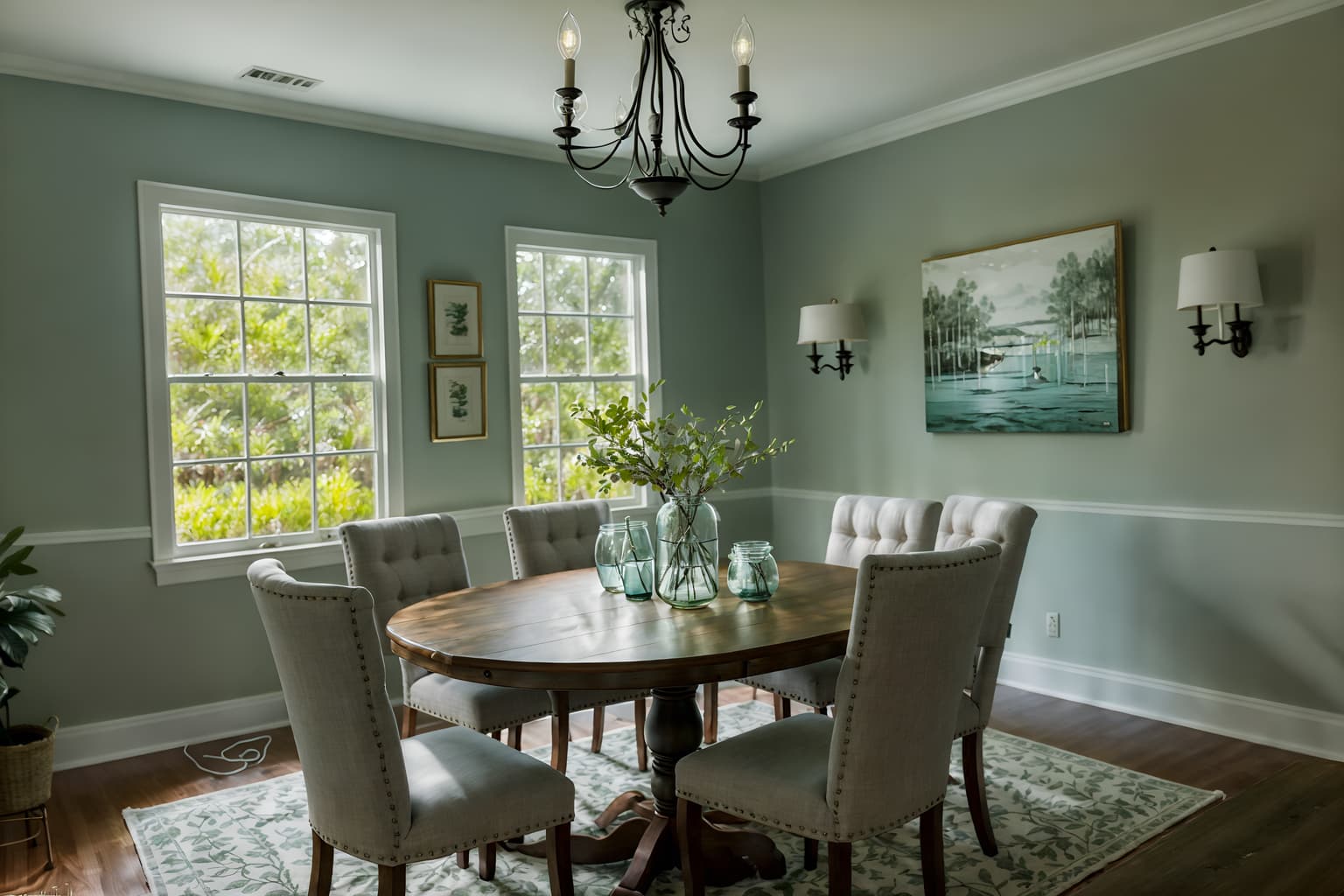 coastal-style (dining room interior) with table cloth and dining table chairs and vase and dining table and light or chandelier and plant and painting or photo on wall and plates, cutlery and glasses on dining table. . with . . cinematic photo, highly detailed, cinematic lighting, ultra-detailed, ultrarealistic, photorealism, 8k. coastal interior design style. masterpiece, cinematic light, ultrarealistic+, photorealistic+, 8k, raw photo, realistic, sharp focus on eyes, (symmetrical eyes), (intact eyes), hyperrealistic, highest quality, best quality, , highly detailed, masterpiece, best quality, extremely detailed 8k wallpaper, masterpiece, best quality, ultra-detailed, best shadow, detailed background, detailed face, detailed eyes, high contrast, best illumination, detailed face, dulux, caustic, dynamic angle, detailed glow. dramatic lighting. highly detailed, insanely detailed hair, symmetrical, intricate details, professionally retouched, 8k high definition. strong bokeh. award winning photo.