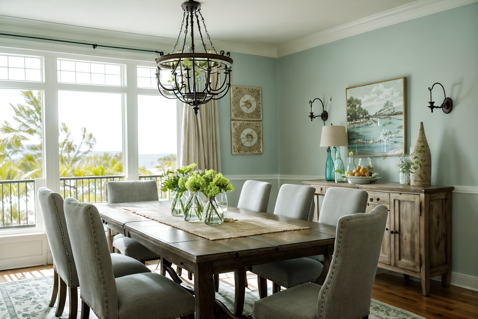 coastal-style (dining room interior) with table cloth and dining table chairs and vase and dining table and light or chandelier and plant and painting or photo on wall and plates, cutlery and glasses on dining table. . with . . cinematic photo, highly detailed, cinematic lighting, ultra-detailed, ultrarealistic, photorealism, 8k. coastal interior design style. masterpiece, cinematic light, ultrarealistic+, photorealistic+, 8k, raw photo, realistic, sharp focus on eyes, (symmetrical eyes), (intact eyes), hyperrealistic, highest quality, best quality, , highly detailed, masterpiece, best quality, extremely detailed 8k wallpaper, masterpiece, best quality, ultra-detailed, best shadow, detailed background, detailed face, detailed eyes, high contrast, best illumination, detailed face, dulux, caustic, dynamic angle, detailed glow. dramatic lighting. highly detailed, insanely detailed hair, symmetrical, intricate details, professionally retouched, 8k high definition. strong bokeh. award winning photo.