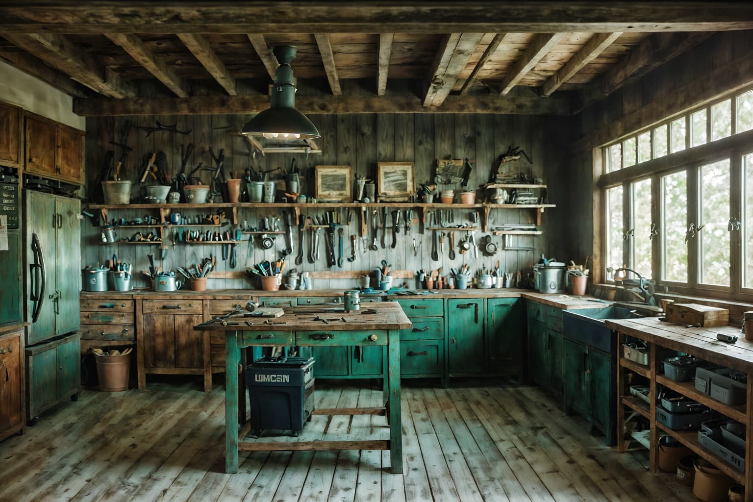 coastal-style (workshop interior) with tool wall and messy and wooden workbench and tool wall. . with . . cinematic photo, highly detailed, cinematic lighting, ultra-detailed, ultrarealistic, photorealism, 8k. coastal interior design style. masterpiece, cinematic light, ultrarealistic+, photorealistic+, 8k, raw photo, realistic, sharp focus on eyes, (symmetrical eyes), (intact eyes), hyperrealistic, highest quality, best quality, , highly detailed, masterpiece, best quality, extremely detailed 8k wallpaper, masterpiece, best quality, ultra-detailed, best shadow, detailed background, detailed face, detailed eyes, high contrast, best illumination, detailed face, dulux, caustic, dynamic angle, detailed glow. dramatic lighting. highly detailed, insanely detailed hair, symmetrical, intricate details, professionally retouched, 8k high definition. strong bokeh. award winning photo.