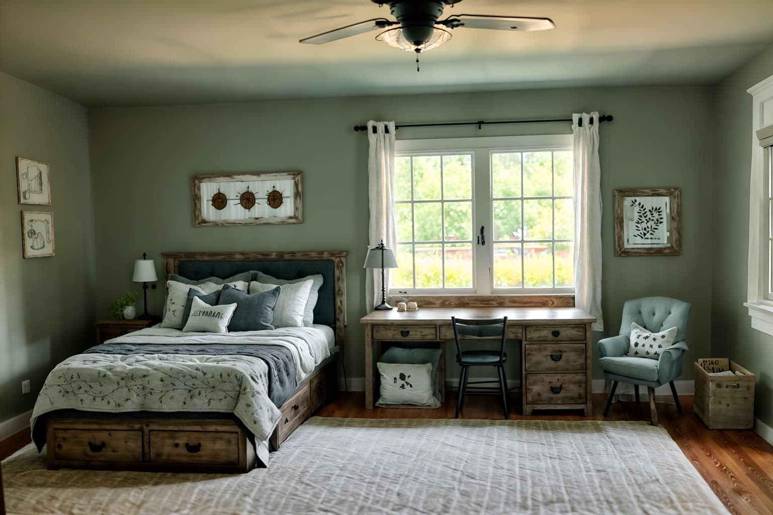farmhouse-style (kids room interior) with mirror and headboard and bed and storage bench or ottoman and bedside table or night stand and night light and accent chair and kids desk. . with . . cinematic photo, highly detailed, cinematic lighting, ultra-detailed, ultrarealistic, photorealism, 8k. farmhouse interior design style. masterpiece, cinematic light, ultrarealistic+, photorealistic+, 8k, raw photo, realistic, sharp focus on eyes, (symmetrical eyes), (intact eyes), hyperrealistic, highest quality, best quality, , highly detailed, masterpiece, best quality, extremely detailed 8k wallpaper, masterpiece, best quality, ultra-detailed, best shadow, detailed background, detailed face, detailed eyes, high contrast, best illumination, detailed face, dulux, caustic, dynamic angle, detailed glow. dramatic lighting. highly detailed, insanely detailed hair, symmetrical, intricate details, professionally retouched, 8k high definition. strong bokeh. award winning photo.