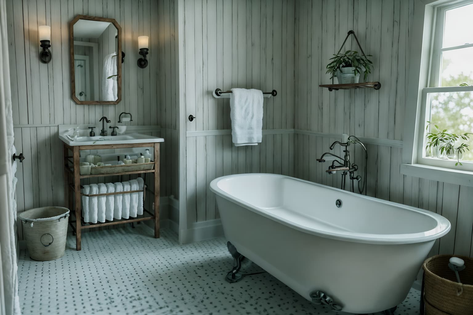 farmhouse-style (hotel bathroom interior) with shower and waste basket and bath rail and bath towel and plant and bathtub and toilet seat and bathroom sink with faucet. . with . . cinematic photo, highly detailed, cinematic lighting, ultra-detailed, ultrarealistic, photorealism, 8k. farmhouse interior design style. masterpiece, cinematic light, ultrarealistic+, photorealistic+, 8k, raw photo, realistic, sharp focus on eyes, (symmetrical eyes), (intact eyes), hyperrealistic, highest quality, best quality, , highly detailed, masterpiece, best quality, extremely detailed 8k wallpaper, masterpiece, best quality, ultra-detailed, best shadow, detailed background, detailed face, detailed eyes, high contrast, best illumination, detailed face, dulux, caustic, dynamic angle, detailed glow. dramatic lighting. highly detailed, insanely detailed hair, symmetrical, intricate details, professionally retouched, 8k high definition. strong bokeh. award winning photo.