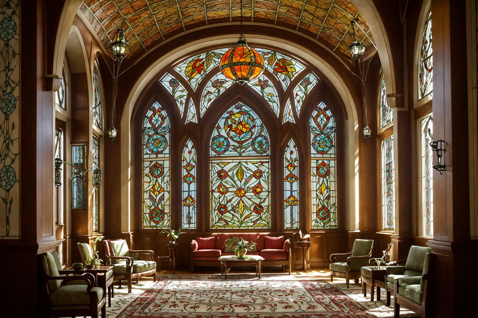 art nouveau-style (hotel lobby interior) with check in desk and rug and coffee tables and plant and hanging lamps and lounge chairs and sofas and furniture. . with stained glass and wallpaper pattners of spider webs and arches and curved forms and natural materials and wallpaper patterns of feathers and wallpaper patterns of stylized flowers and stained glass and curving, plant-like embellishments. . cinematic photo, highly detailed, cinematic lighting, ultra-detailed, ultrarealistic, photorealism, 8k. art nouveau interior design style. masterpiece, cinematic light, ultrarealistic+, photorealistic+, 8k, raw photo, realistic, sharp focus on eyes, (symmetrical eyes), (intact eyes), hyperrealistic, highest quality, best quality, , highly detailed, masterpiece, best quality, extremely detailed 8k wallpaper, masterpiece, best quality, ultra-detailed, best shadow, detailed background, detailed face, detailed eyes, high contrast, best illumination, detailed face, dulux, caustic, dynamic angle, detailed glow. dramatic lighting. highly detailed, insanely detailed hair, symmetrical, intricate details, professionally retouched, 8k high definition. strong bokeh. award winning photo.