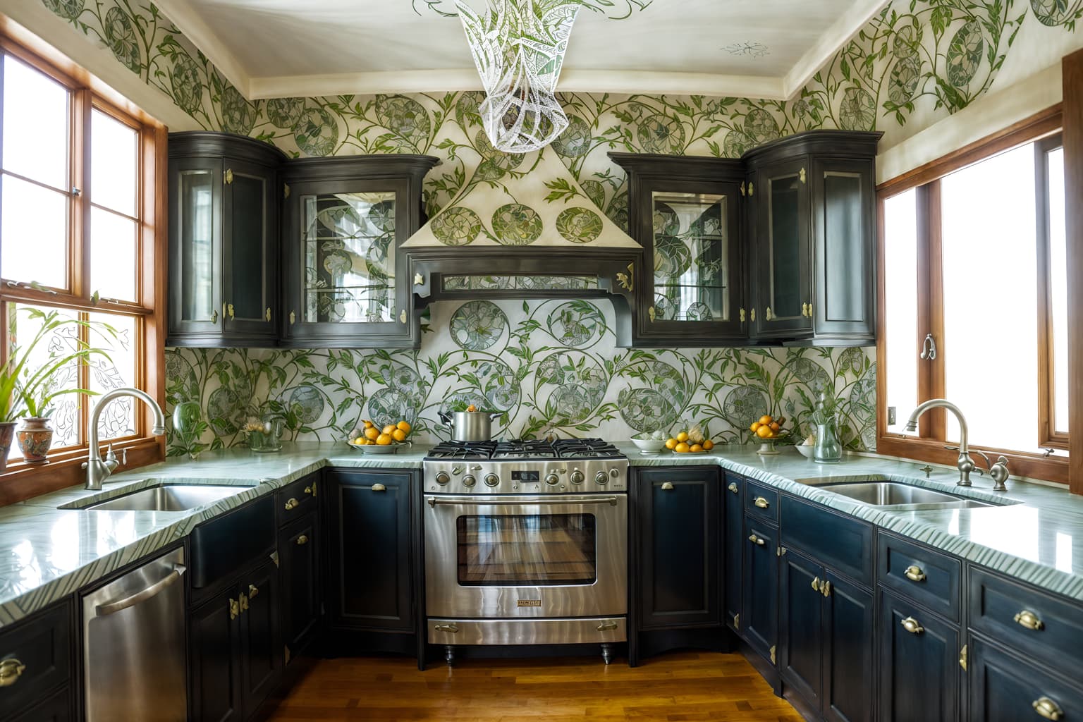 art nouveau-style (kitchen interior) with kitchen cabinets and refrigerator and worktops and plant and sink and stove and kitchen cabinets. . with asymmetrical shapes and wallpaper patterns of feathers and stained glass and curving, plant-like embellishments and japanese motifs and curved glass and wallpaper pattners of spider webs and arches and curved forms. . cinematic photo, highly detailed, cinematic lighting, ultra-detailed, ultrarealistic, photorealism, 8k. art nouveau interior design style. masterpiece, cinematic light, ultrarealistic+, photorealistic+, 8k, raw photo, realistic, sharp focus on eyes, (symmetrical eyes), (intact eyes), hyperrealistic, highest quality, best quality, , highly detailed, masterpiece, best quality, extremely detailed 8k wallpaper, masterpiece, best quality, ultra-detailed, best shadow, detailed background, detailed face, detailed eyes, high contrast, best illumination, detailed face, dulux, caustic, dynamic angle, detailed glow. dramatic lighting. highly detailed, insanely detailed hair, symmetrical, intricate details, professionally retouched, 8k high definition. strong bokeh. award winning photo.