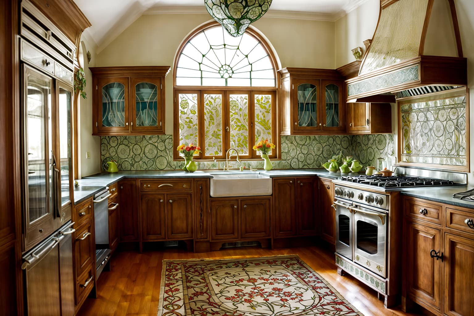 art nouveau-style (kitchen living combo interior) with rug and stove and sink and kitchen cabinets and occasional tables and refrigerator and furniture and worktops. . with soft, rounded lines and stained glass and wallpaper patterns of stylized flowers and curving, plant-like embellishments and wallpaper pattners of spider webs and curved glass and asymmetrical shapes and arches and curved forms. . cinematic photo, highly detailed, cinematic lighting, ultra-detailed, ultrarealistic, photorealism, 8k. art nouveau interior design style. masterpiece, cinematic light, ultrarealistic+, photorealistic+, 8k, raw photo, realistic, sharp focus on eyes, (symmetrical eyes), (intact eyes), hyperrealistic, highest quality, best quality, , highly detailed, masterpiece, best quality, extremely detailed 8k wallpaper, masterpiece, best quality, ultra-detailed, best shadow, detailed background, detailed face, detailed eyes, high contrast, best illumination, detailed face, dulux, caustic, dynamic angle, detailed glow. dramatic lighting. highly detailed, insanely detailed hair, symmetrical, intricate details, professionally retouched, 8k high definition. strong bokeh. award winning photo.