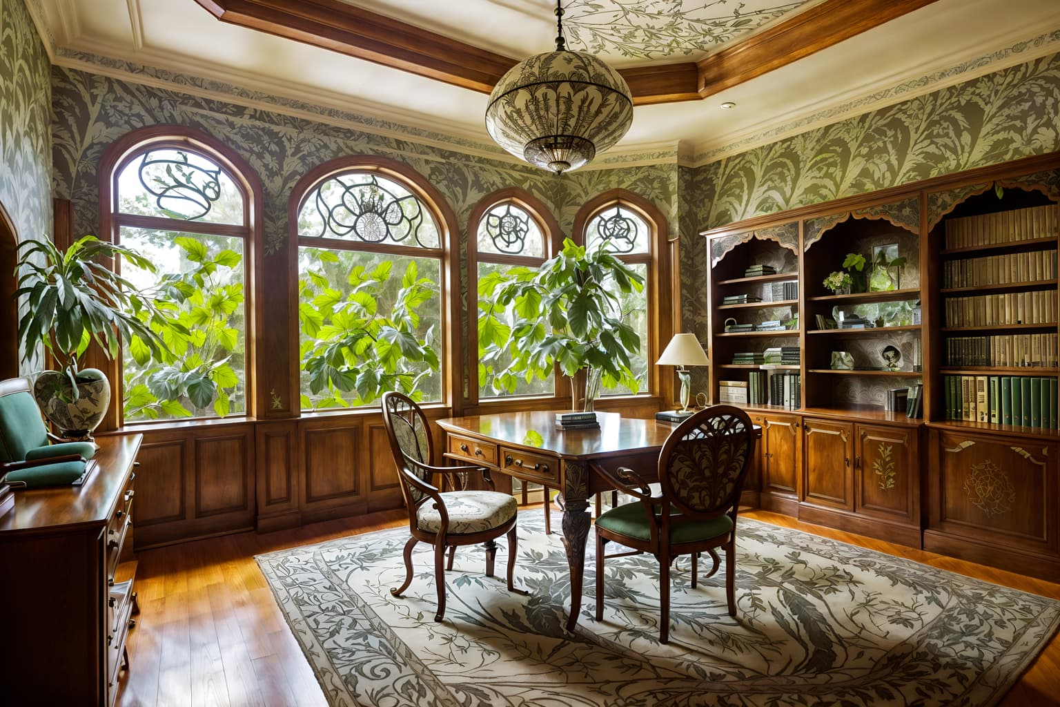 art nouveau-style (study room interior) with cabinets and writing desk and office chair and lounge chair and desk lamp and plant and bookshelves and cabinets. . with wallpaper patterns of feathers and wallpaper patterns of stylized flowers and arches and curved forms and ashy colors and natural materials and wallpaper pattners of spider webs and soft, rounded lines and curving, plant-like embellishments. . cinematic photo, highly detailed, cinematic lighting, ultra-detailed, ultrarealistic, photorealism, 8k. art nouveau interior design style. masterpiece, cinematic light, ultrarealistic+, photorealistic+, 8k, raw photo, realistic, sharp focus on eyes, (symmetrical eyes), (intact eyes), hyperrealistic, highest quality, best quality, , highly detailed, masterpiece, best quality, extremely detailed 8k wallpaper, masterpiece, best quality, ultra-detailed, best shadow, detailed background, detailed face, detailed eyes, high contrast, best illumination, detailed face, dulux, caustic, dynamic angle, detailed glow. dramatic lighting. highly detailed, insanely detailed hair, symmetrical, intricate details, professionally retouched, 8k high definition. strong bokeh. award winning photo.