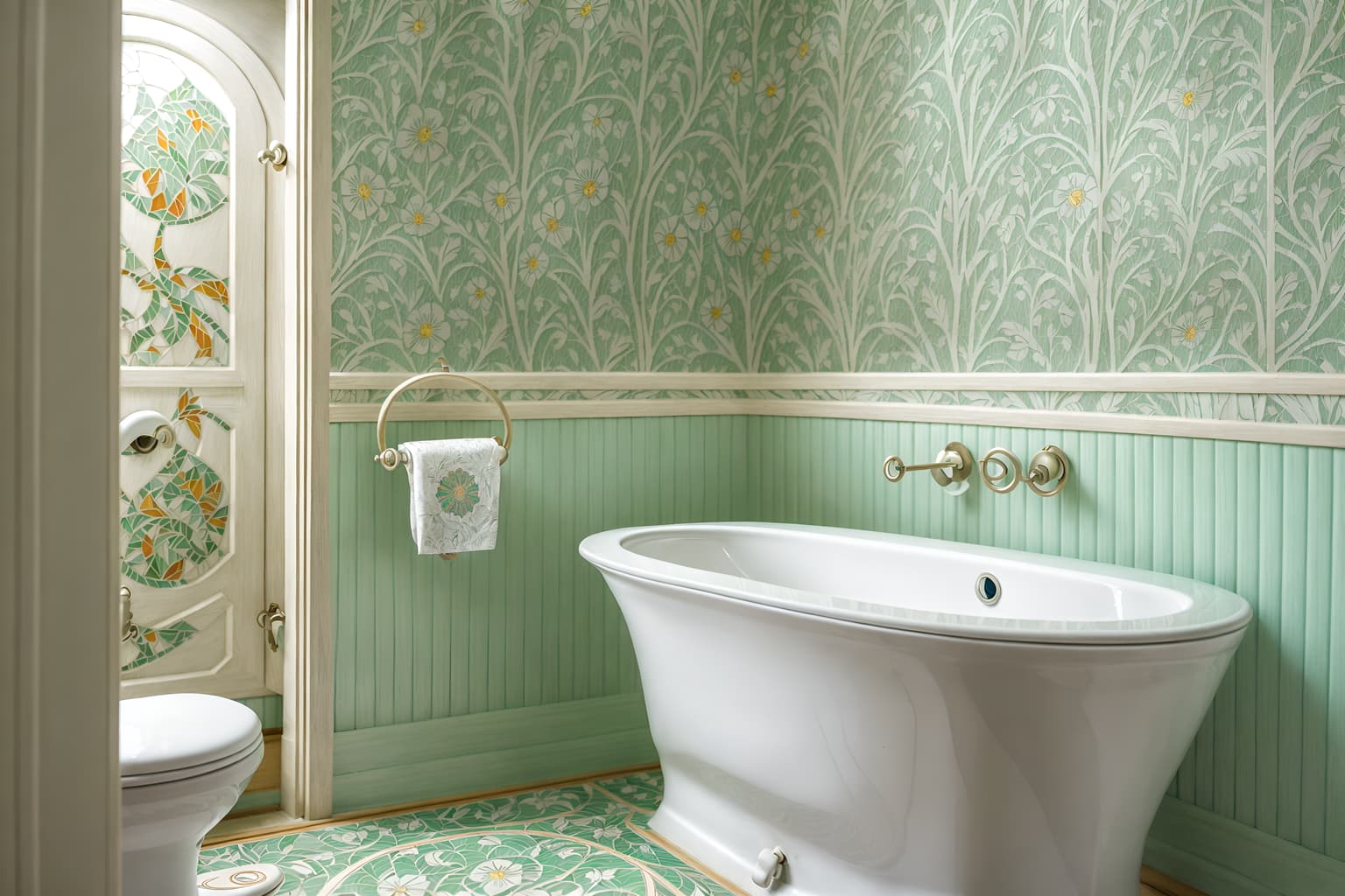 art nouveau-style (toilet interior) with toilet paper hanger and toilet with toilet seat up and sink with tap and toilet paper hanger. . with arches and curved forms and japanese motifs and mosaics and curving, plant-like embellishments and wallpaper patterns of stylized flowers and asymmetrical shapes and stained glass and ashy colors. . cinematic photo, highly detailed, cinematic lighting, ultra-detailed, ultrarealistic, photorealism, 8k. art nouveau interior design style. masterpiece, cinematic light, ultrarealistic+, photorealistic+, 8k, raw photo, realistic, sharp focus on eyes, (symmetrical eyes), (intact eyes), hyperrealistic, highest quality, best quality, , highly detailed, masterpiece, best quality, extremely detailed 8k wallpaper, masterpiece, best quality, ultra-detailed, best shadow, detailed background, detailed face, detailed eyes, high contrast, best illumination, detailed face, dulux, caustic, dynamic angle, detailed glow. dramatic lighting. highly detailed, insanely detailed hair, symmetrical, intricate details, professionally retouched, 8k high definition. strong bokeh. award winning photo.