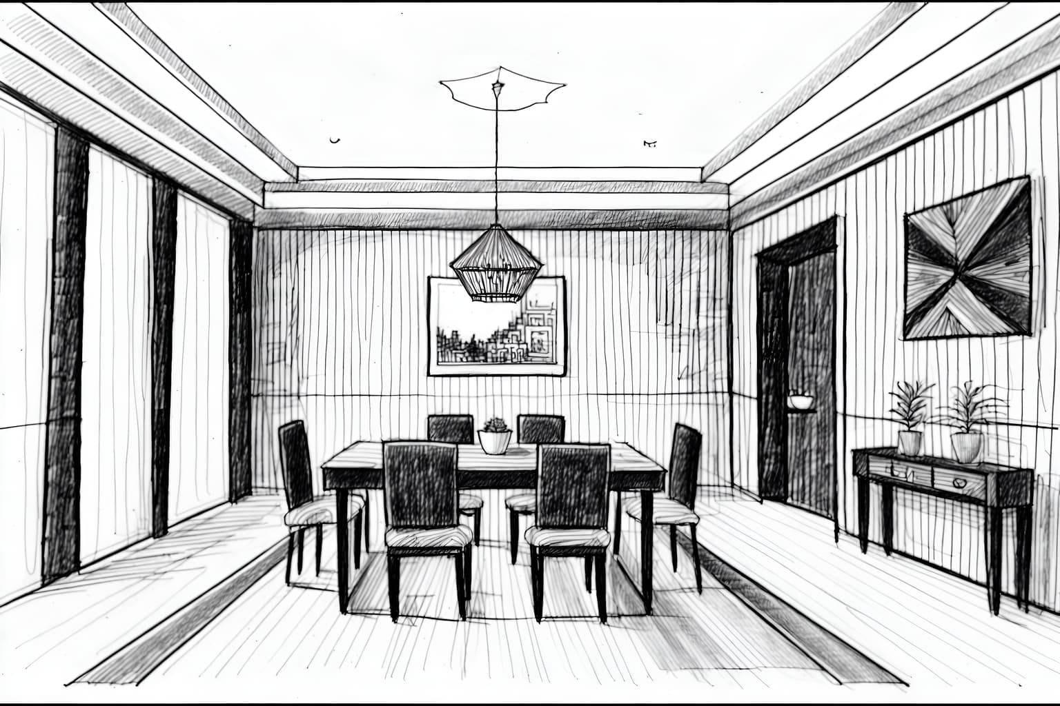 (hand-drawn monochrome black and white sketch line drawing)++ of sketch-style (dining room) apartment interior. a sketch of interior. with . . a sketch of interior. with painting or photo on wall and plant and table cloth. trending on artstation. black and white line drawing sketch without colors. masterpiece, cinematic light, ultrarealistic+, photorealistic+, 8k, raw photo, realistic, sharp focus on eyes, (symmetrical eyes), (intact eyes), hyperrealistic, highest quality, best quality, , highly detailed, masterpiece, best quality, extremely detailed 8k wallpaper, masterpiece, best quality, ultra-detailed, best shadow, detailed background, detailed face, detailed eyes, high contrast, best illumination, detailed face, dulux, caustic, dynamic angle, detailed glow. dramatic lighting. highly detailed, insanely detailed hair, symmetrical, intricate details, professionally retouched, 8k high definition. strong bokeh. award winning photo.