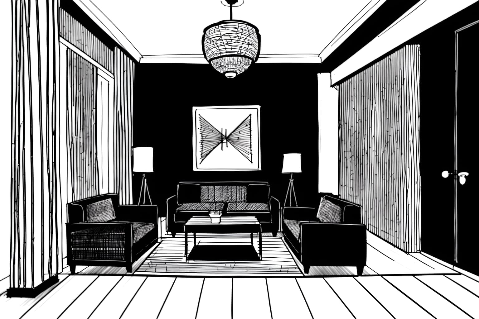 (hand-drawn monochrome black and white sketch line drawing)++ of sketch-style (hotel lobby) apartment interior. a sketch of interior. with . . a sketch of interior. with hanging lamps and check in desk and sofas. trending on artstation. black and white line drawing sketch without colors. masterpiece, cinematic light, ultrarealistic+, photorealistic+, 8k, raw photo, realistic, sharp focus on eyes, (symmetrical eyes), (intact eyes), hyperrealistic, highest quality, best quality, , highly detailed, masterpiece, best quality, extremely detailed 8k wallpaper, masterpiece, best quality, ultra-detailed, best shadow, detailed background, detailed face, detailed eyes, high contrast, best illumination, detailed face, dulux, caustic, dynamic angle, detailed glow. dramatic lighting. highly detailed, insanely detailed hair, symmetrical, intricate details, professionally retouched, 8k high definition. strong bokeh. award winning photo.