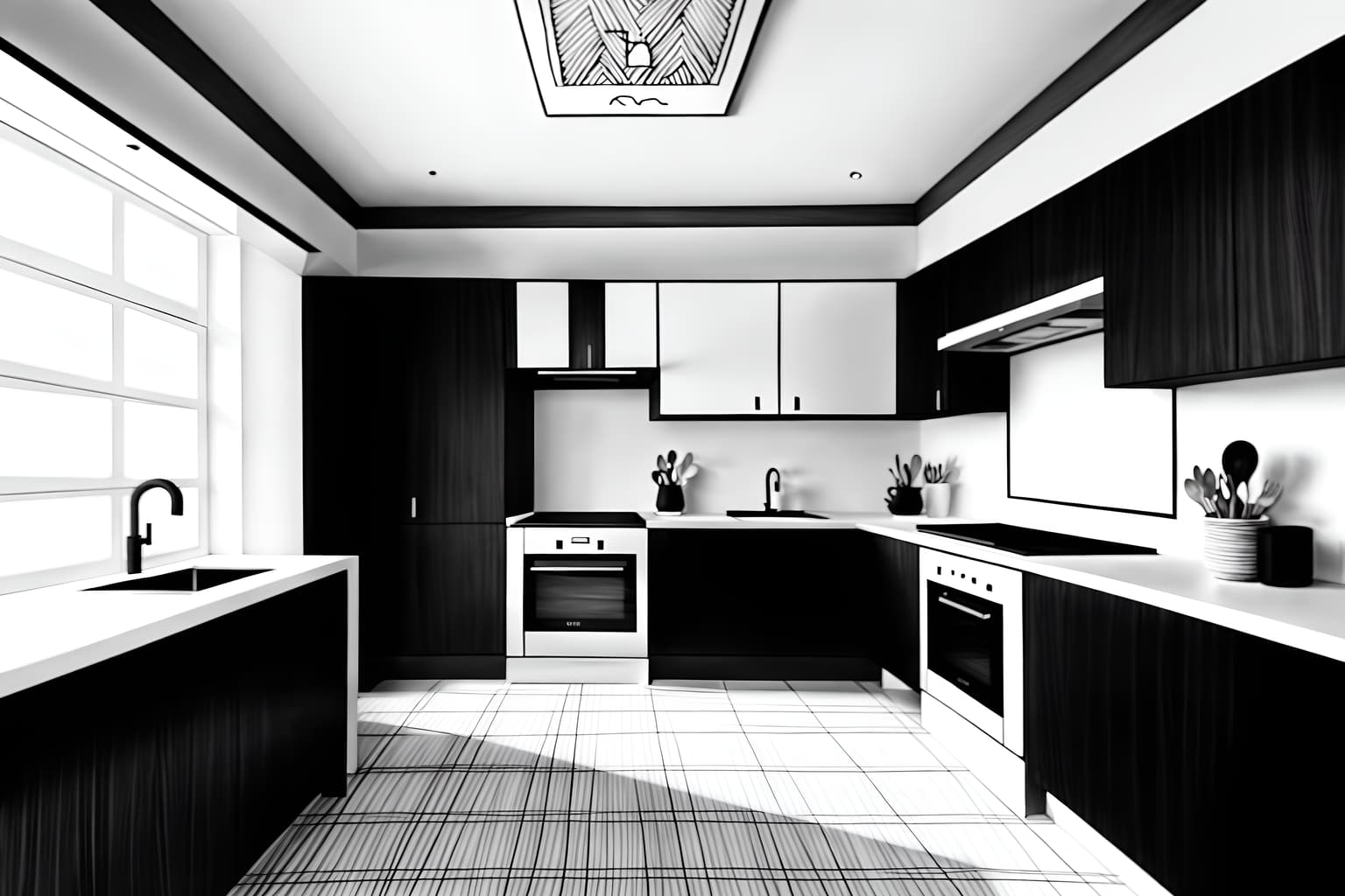 (hand-drawn monochrome black and white sketch line drawing)++ of sketch-style (kitchen) apartment interior. a sketch of interior. with . . a sketch of interior. with plant and worktops and sink. trending on artstation. black and white line drawing sketch without colors. masterpiece, cinematic light, ultrarealistic+, photorealistic+, 8k, raw photo, realistic, sharp focus on eyes, (symmetrical eyes), (intact eyes), hyperrealistic, highest quality, best quality, , highly detailed, masterpiece, best quality, extremely detailed 8k wallpaper, masterpiece, best quality, ultra-detailed, best shadow, detailed background, detailed face, detailed eyes, high contrast, best illumination, detailed face, dulux, caustic, dynamic angle, detailed glow. dramatic lighting. highly detailed, insanely detailed hair, symmetrical, intricate details, professionally retouched, 8k high definition. strong bokeh. award winning photo.