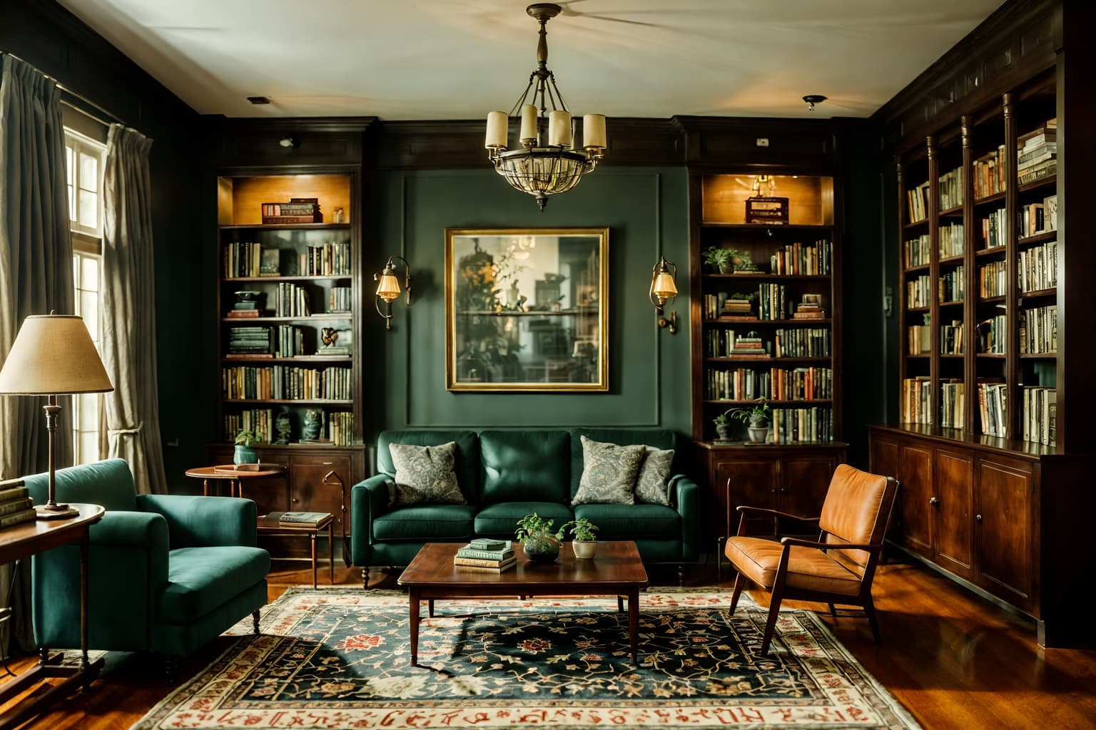 vintage-style (living room interior) with bookshelves and plant and rug and occasional tables and electric lamps and chairs and furniture and coffee tables. . with . . cinematic photo, highly detailed, cinematic lighting, ultra-detailed, ultrarealistic, photorealism, 8k. vintage interior design style. masterpiece, cinematic light, ultrarealistic+, photorealistic+, 8k, raw photo, realistic, sharp focus on eyes, (symmetrical eyes), (intact eyes), hyperrealistic, highest quality, best quality, , highly detailed, masterpiece, best quality, extremely detailed 8k wallpaper, masterpiece, best quality, ultra-detailed, best shadow, detailed background, detailed face, detailed eyes, high contrast, best illumination, detailed face, dulux, caustic, dynamic angle, detailed glow. dramatic lighting. highly detailed, insanely detailed hair, symmetrical, intricate details, professionally retouched, 8k high definition. strong bokeh. award winning photo.