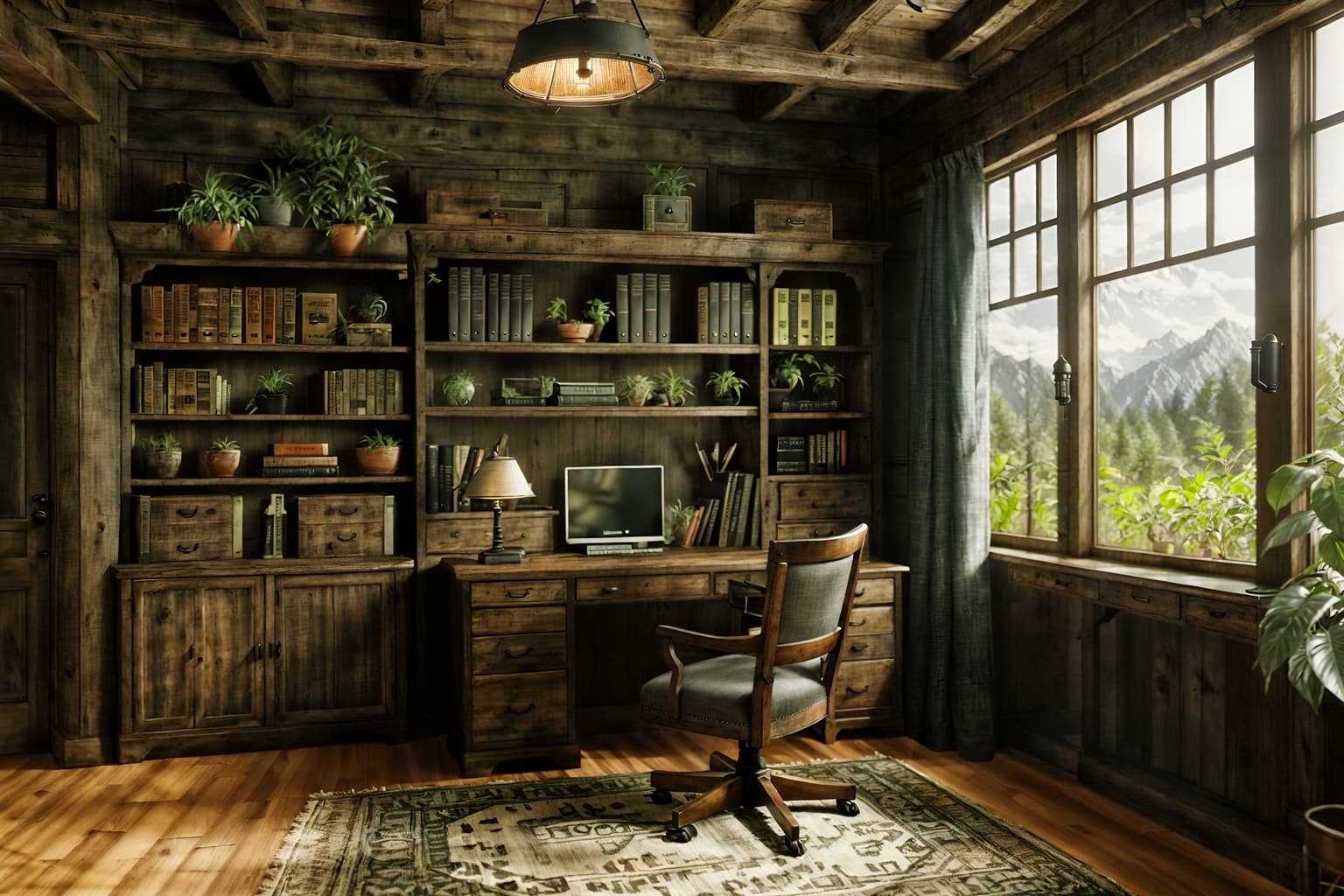 rustic-style (study room interior) with plant and bookshelves and writing desk and cabinets and desk lamp and office chair and lounge chair and plant. . with . . cinematic photo, highly detailed, cinematic lighting, ultra-detailed, ultrarealistic, photorealism, 8k. rustic interior design style. masterpiece, cinematic light, ultrarealistic+, photorealistic+, 8k, raw photo, realistic, sharp focus on eyes, (symmetrical eyes), (intact eyes), hyperrealistic, highest quality, best quality, , highly detailed, masterpiece, best quality, extremely detailed 8k wallpaper, masterpiece, best quality, ultra-detailed, best shadow, detailed background, detailed face, detailed eyes, high contrast, best illumination, detailed face, dulux, caustic, dynamic angle, detailed glow. dramatic lighting. highly detailed, insanely detailed hair, symmetrical, intricate details, professionally retouched, 8k high definition. strong bokeh. award winning photo.