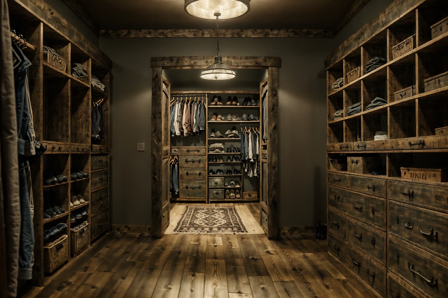 rustic-style (walk in closet interior) . with . . cinematic photo, highly detailed, cinematic lighting, ultra-detailed, ultrarealistic, photorealism, 8k. rustic interior design style. masterpiece, cinematic light, ultrarealistic+, photorealistic+, 8k, raw photo, realistic, sharp focus on eyes, (symmetrical eyes), (intact eyes), hyperrealistic, highest quality, best quality, , highly detailed, masterpiece, best quality, extremely detailed 8k wallpaper, masterpiece, best quality, ultra-detailed, best shadow, detailed background, detailed face, detailed eyes, high contrast, best illumination, detailed face, dulux, caustic, dynamic angle, detailed glow. dramatic lighting. highly detailed, insanely detailed hair, symmetrical, intricate details, professionally retouched, 8k high definition. strong bokeh. award winning photo.