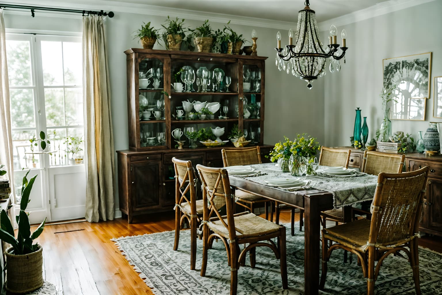 boho-chic-style (dining room interior) with plates, cutlery and glasses on dining table and bookshelves and vase and painting or photo on wall and dining table chairs and table cloth and light or chandelier and dining table. . . cinematic photo, highly detailed, cinematic lighting, ultra-detailed, ultrarealistic, photorealism, 8k. boho-chic interior design style. masterpiece, cinematic light, ultrarealistic+, photorealistic+, 8k, raw photo, realistic, sharp focus on eyes, (symmetrical eyes), (intact eyes), hyperrealistic, highest quality, best quality, , highly detailed, masterpiece, best quality, extremely detailed 8k wallpaper, masterpiece, best quality, ultra-detailed, best shadow, detailed background, detailed face, detailed eyes, high contrast, best illumination, detailed face, dulux, caustic, dynamic angle, detailed glow. dramatic lighting. highly detailed, insanely detailed hair, symmetrical, intricate details, professionally retouched, 8k high definition. strong bokeh. award winning photo.