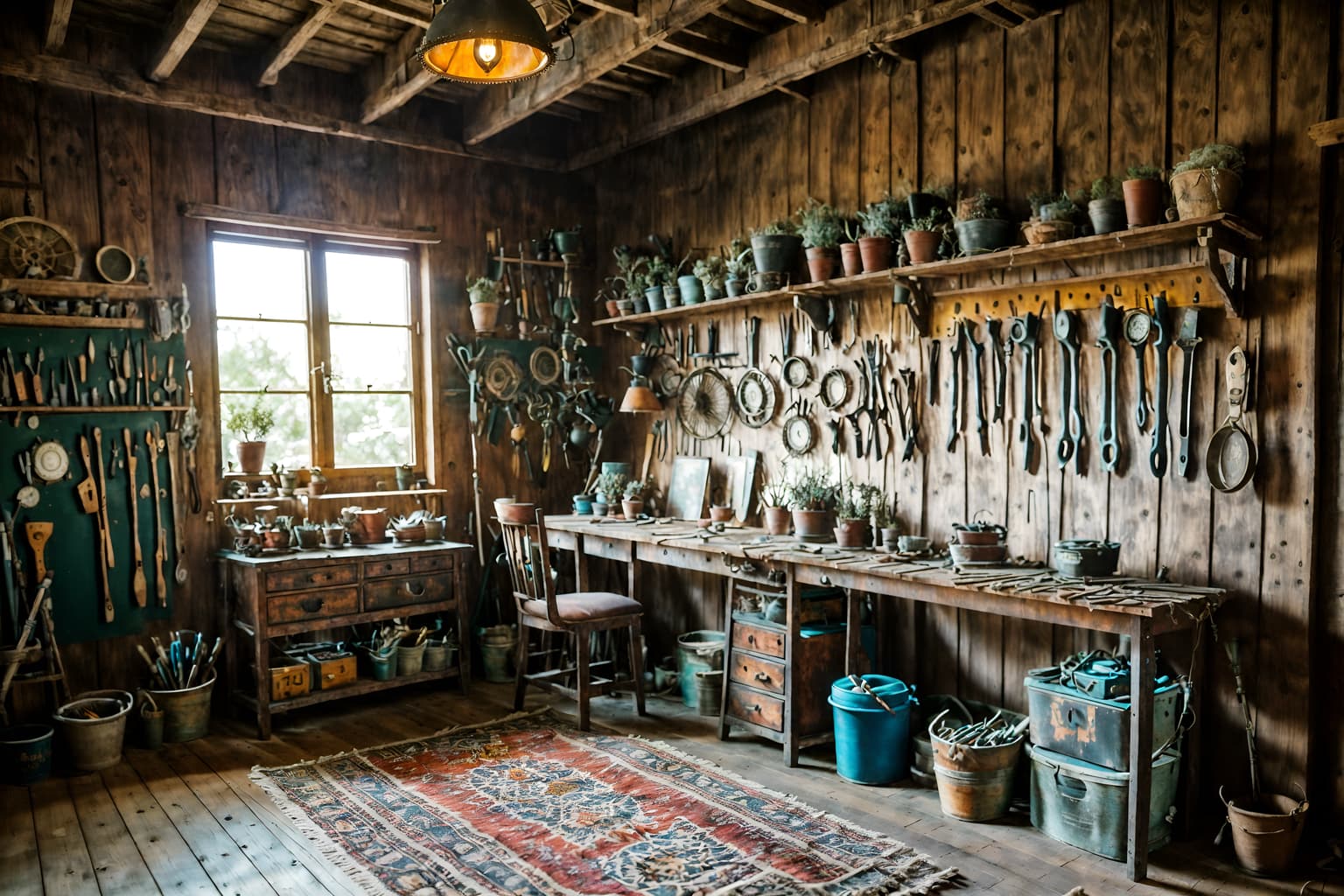 boho-chic-style (workshop interior) with tool wall and messy and wooden workbench and tool wall. . . cinematic photo, highly detailed, cinematic lighting, ultra-detailed, ultrarealistic, photorealism, 8k. boho-chic interior design style. masterpiece, cinematic light, ultrarealistic+, photorealistic+, 8k, raw photo, realistic, sharp focus on eyes, (symmetrical eyes), (intact eyes), hyperrealistic, highest quality, best quality, , highly detailed, masterpiece, best quality, extremely detailed 8k wallpaper, masterpiece, best quality, ultra-detailed, best shadow, detailed background, detailed face, detailed eyes, high contrast, best illumination, detailed face, dulux, caustic, dynamic angle, detailed glow. dramatic lighting. highly detailed, insanely detailed hair, symmetrical, intricate details, professionally retouched, 8k high definition. strong bokeh. award winning photo.