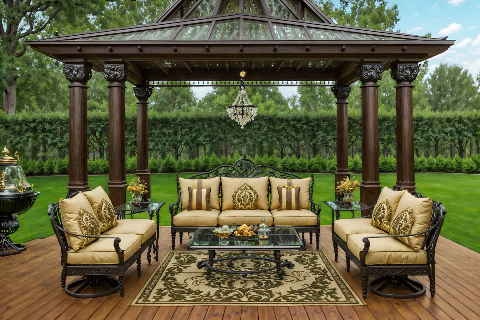 baroque-style designed (outdoor patio ) with deck with deck chairs and barbeque or grill and plant and grass and patio couch with pillows and deck with deck chairs. . with grandeur and expensive and plush flooring and intricate carvings and ornaments and opulent and colossal furniture and crystal and glass accents and tension and twisted columns and movement. . cinematic photo, highly detailed, cinematic lighting, ultra-detailed, ultrarealistic, photorealism, 8k. baroque design style. masterpiece, cinematic light, ultrarealistic+, photorealistic+, 8k, raw photo, realistic, sharp focus on eyes, (symmetrical eyes), (intact eyes), hyperrealistic, highest quality, best quality, , highly detailed, masterpiece, best quality, extremely detailed 8k wallpaper, masterpiece, best quality, ultra-detailed, best shadow, detailed background, detailed face, detailed eyes, high contrast, best illumination, detailed face, dulux, caustic, dynamic angle, detailed glow. dramatic lighting. highly detailed, insanely detailed hair, symmetrical, intricate details, professionally retouched, 8k high definition. strong bokeh. award winning photo.