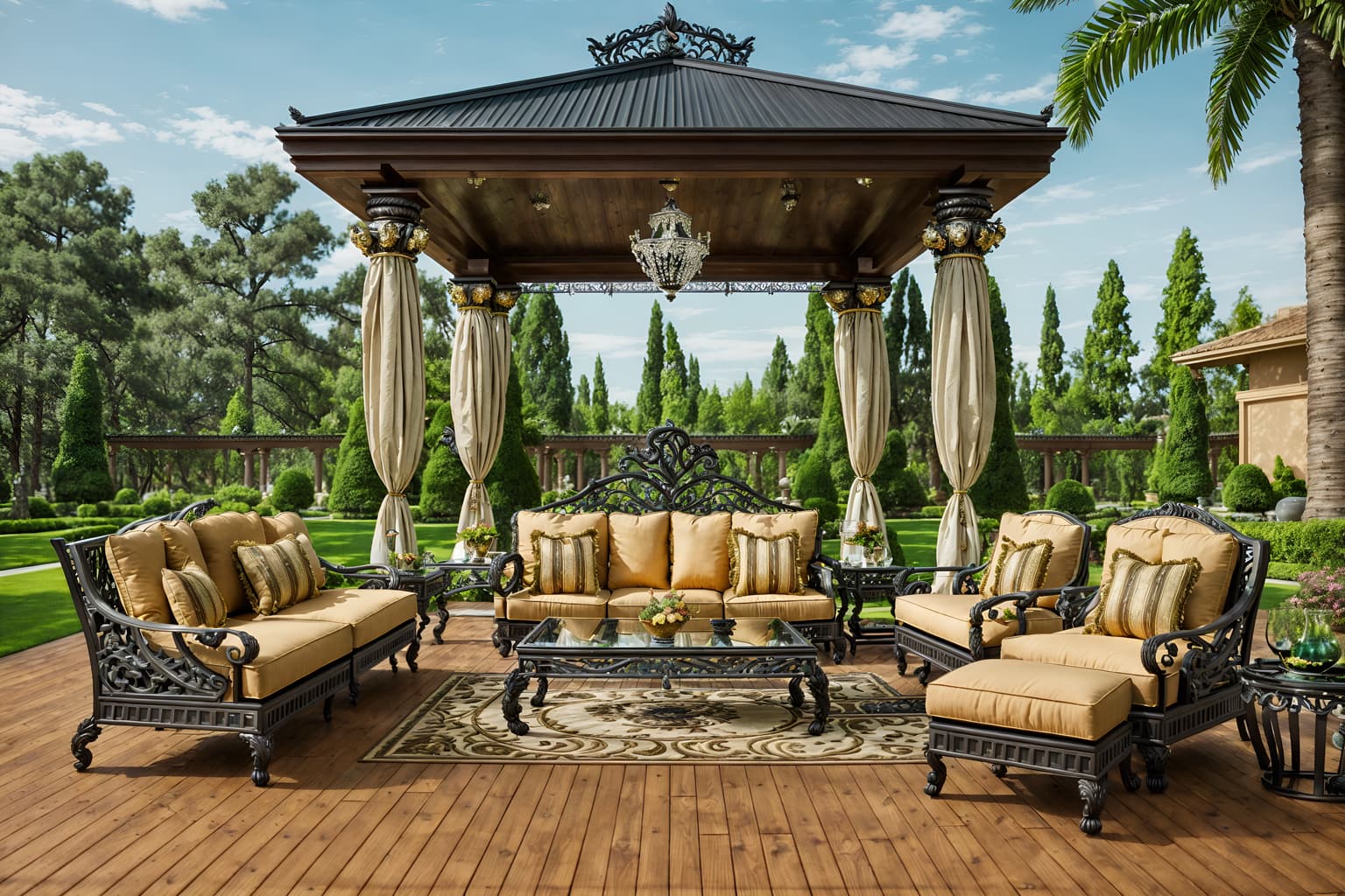 baroque-style designed (outdoor patio ) with deck with deck chairs and barbeque or grill and plant and grass and patio couch with pillows and deck with deck chairs. . with grandeur and expensive and plush flooring and intricate carvings and ornaments and opulent and colossal furniture and crystal and glass accents and tension and twisted columns and movement. . cinematic photo, highly detailed, cinematic lighting, ultra-detailed, ultrarealistic, photorealism, 8k. baroque design style. masterpiece, cinematic light, ultrarealistic+, photorealistic+, 8k, raw photo, realistic, sharp focus on eyes, (symmetrical eyes), (intact eyes), hyperrealistic, highest quality, best quality, , highly detailed, masterpiece, best quality, extremely detailed 8k wallpaper, masterpiece, best quality, ultra-detailed, best shadow, detailed background, detailed face, detailed eyes, high contrast, best illumination, detailed face, dulux, caustic, dynamic angle, detailed glow. dramatic lighting. highly detailed, insanely detailed hair, symmetrical, intricate details, professionally retouched, 8k high definition. strong bokeh. award winning photo.