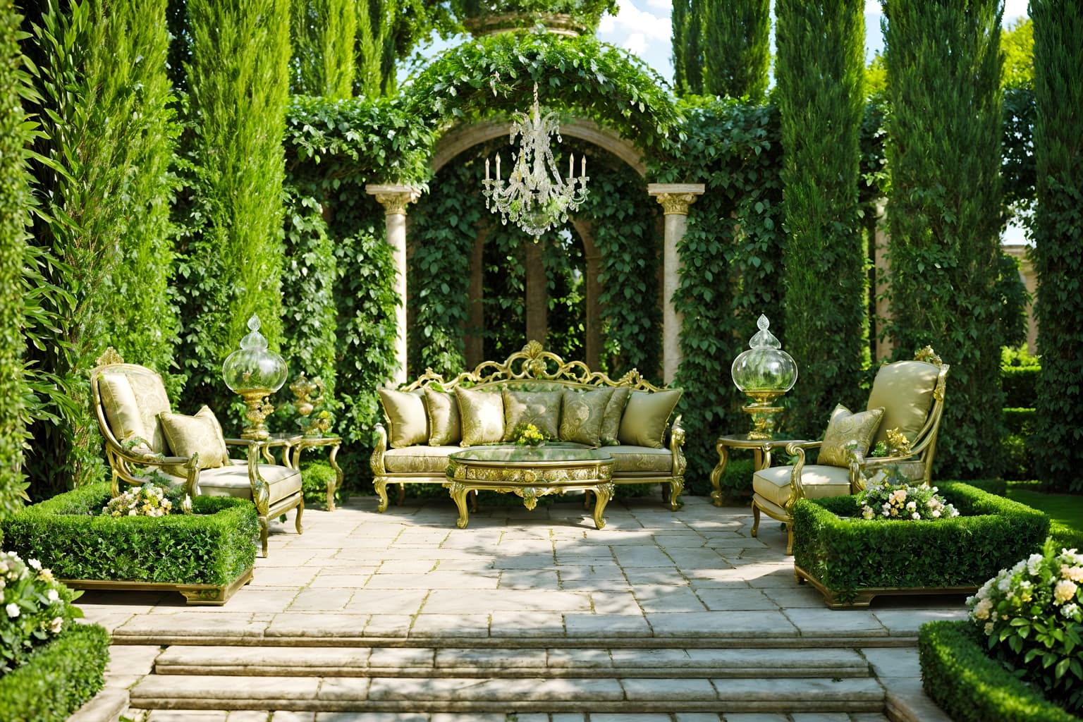 baroque-style designed (outdoor garden ) with garden plants and grass and garden tree and garden plants. . with sensuous richness and tension and drama and heavy moldings and opulent and colossal furniture and crystal and glass accents and pedestal feet and luxurious floral and damask fabrics. . cinematic photo, highly detailed, cinematic lighting, ultra-detailed, ultrarealistic, photorealism, 8k. baroque design style. masterpiece, cinematic light, ultrarealistic+, photorealistic+, 8k, raw photo, realistic, sharp focus on eyes, (symmetrical eyes), (intact eyes), hyperrealistic, highest quality, best quality, , highly detailed, masterpiece, best quality, extremely detailed 8k wallpaper, masterpiece, best quality, ultra-detailed, best shadow, detailed background, detailed face, detailed eyes, high contrast, best illumination, detailed face, dulux, caustic, dynamic angle, detailed glow. dramatic lighting. highly detailed, insanely detailed hair, symmetrical, intricate details, professionally retouched, 8k high definition. strong bokeh. award winning photo.