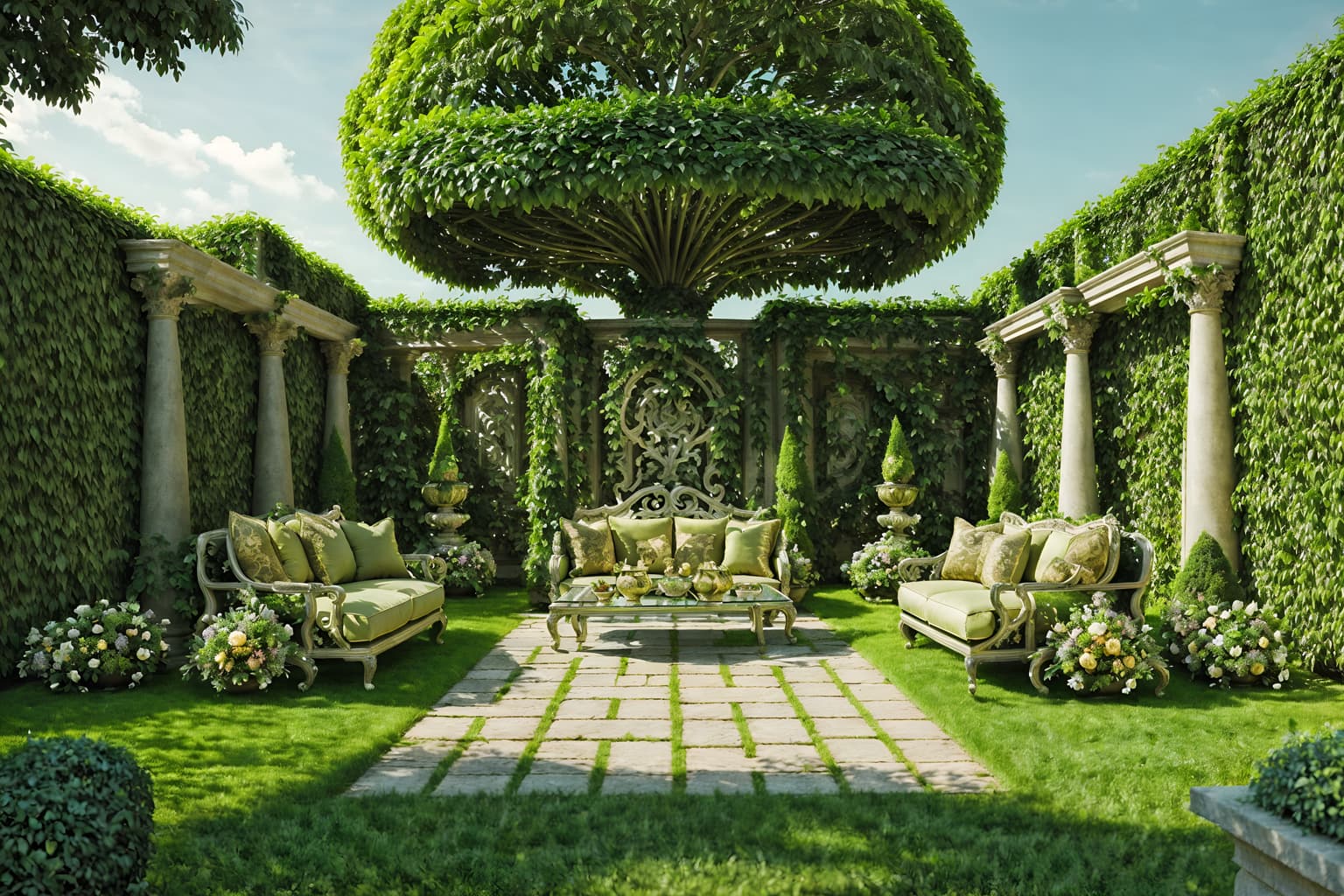 baroque-style designed (outdoor garden ) with garden plants and grass and garden tree and garden plants. . with sensuous richness and tension and drama and heavy moldings and opulent and colossal furniture and crystal and glass accents and pedestal feet and luxurious floral and damask fabrics. . cinematic photo, highly detailed, cinematic lighting, ultra-detailed, ultrarealistic, photorealism, 8k. baroque design style. masterpiece, cinematic light, ultrarealistic+, photorealistic+, 8k, raw photo, realistic, sharp focus on eyes, (symmetrical eyes), (intact eyes), hyperrealistic, highest quality, best quality, , highly detailed, masterpiece, best quality, extremely detailed 8k wallpaper, masterpiece, best quality, ultra-detailed, best shadow, detailed background, detailed face, detailed eyes, high contrast, best illumination, detailed face, dulux, caustic, dynamic angle, detailed glow. dramatic lighting. highly detailed, insanely detailed hair, symmetrical, intricate details, professionally retouched, 8k high definition. strong bokeh. award winning photo.