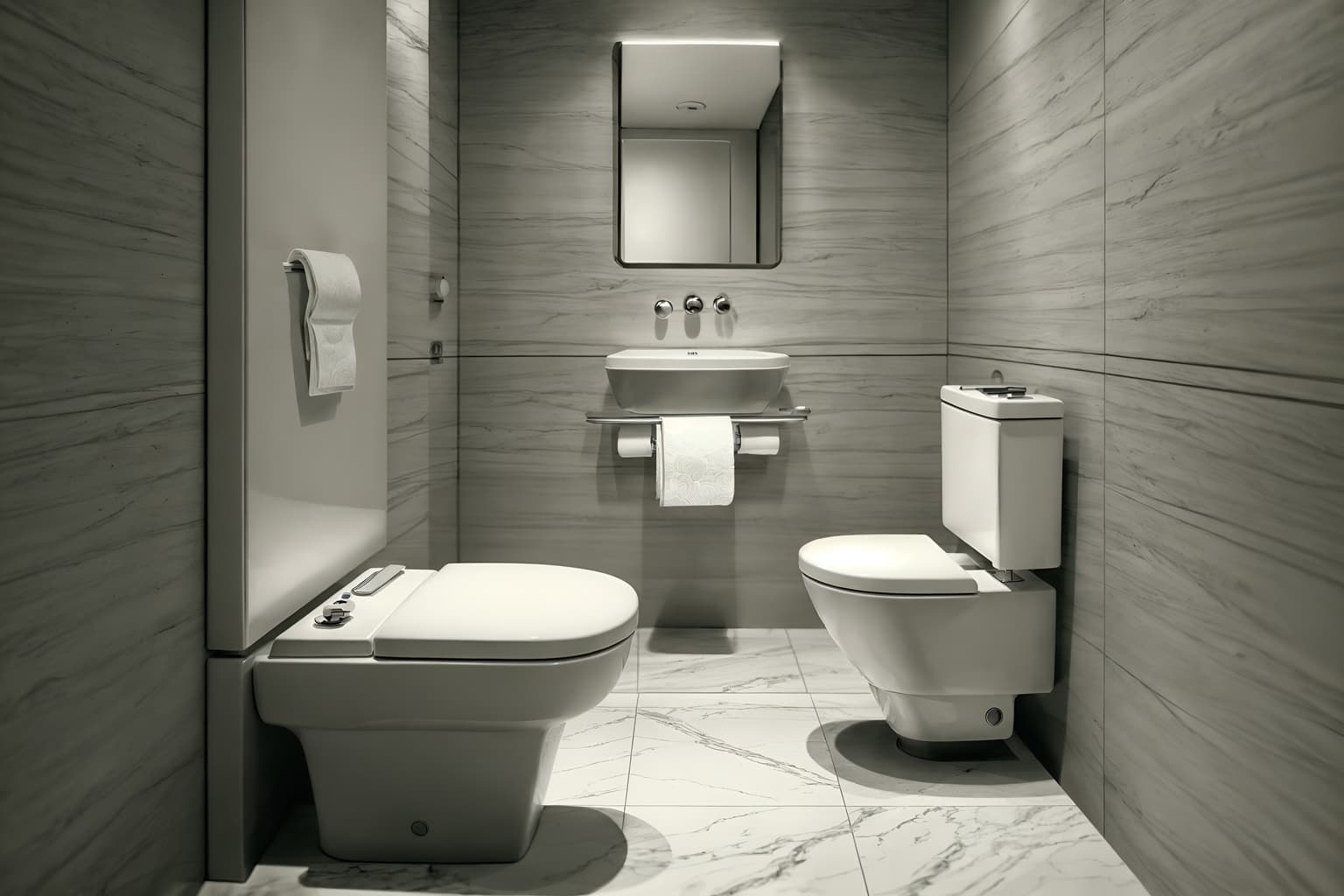 luxury-style (toilet interior) with toilet paper hanger and sink with tap and toilet with toilet seat up and toilet paper hanger. . . cinematic photo, highly detailed, cinematic lighting, ultra-detailed, ultrarealistic, photorealism, 8k. luxury interior design style. masterpiece, cinematic light, ultrarealistic+, photorealistic+, 8k, raw photo, realistic, sharp focus on eyes, (symmetrical eyes), (intact eyes), hyperrealistic, highest quality, best quality, , highly detailed, masterpiece, best quality, extremely detailed 8k wallpaper, masterpiece, best quality, ultra-detailed, best shadow, detailed background, detailed face, detailed eyes, high contrast, best illumination, detailed face, dulux, caustic, dynamic angle, detailed glow. dramatic lighting. highly detailed, insanely detailed hair, symmetrical, intricate details, professionally retouched, 8k high definition. strong bokeh. award winning photo.